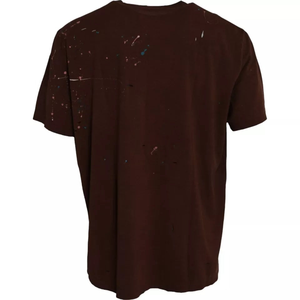 Dolce & Gabbana T-shirt girocollo in cotone color marrone con schizzi di colore