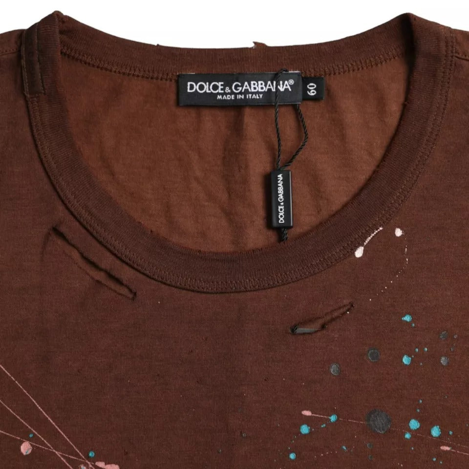 Dolce & Gabbana T-shirt girocollo in cotone color marrone con schizzi di colore