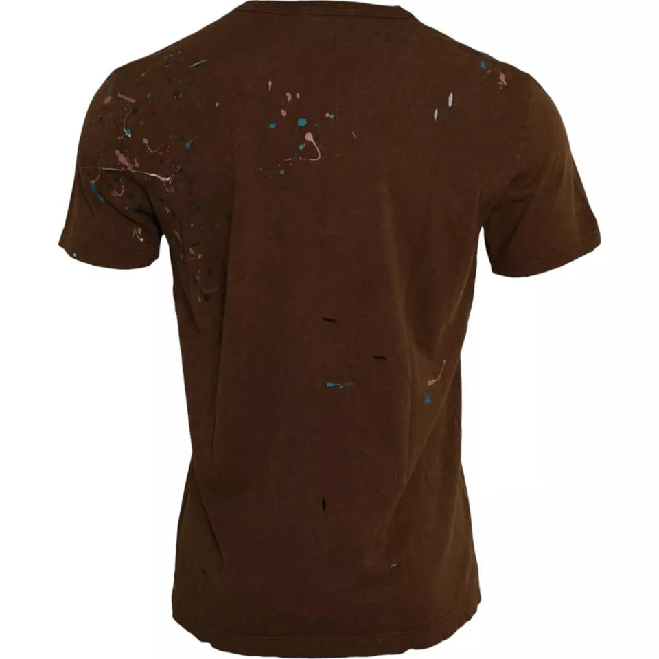 Dolce & Gabbana T-shirt girocollo in cotone color marrone con schizzi di colore