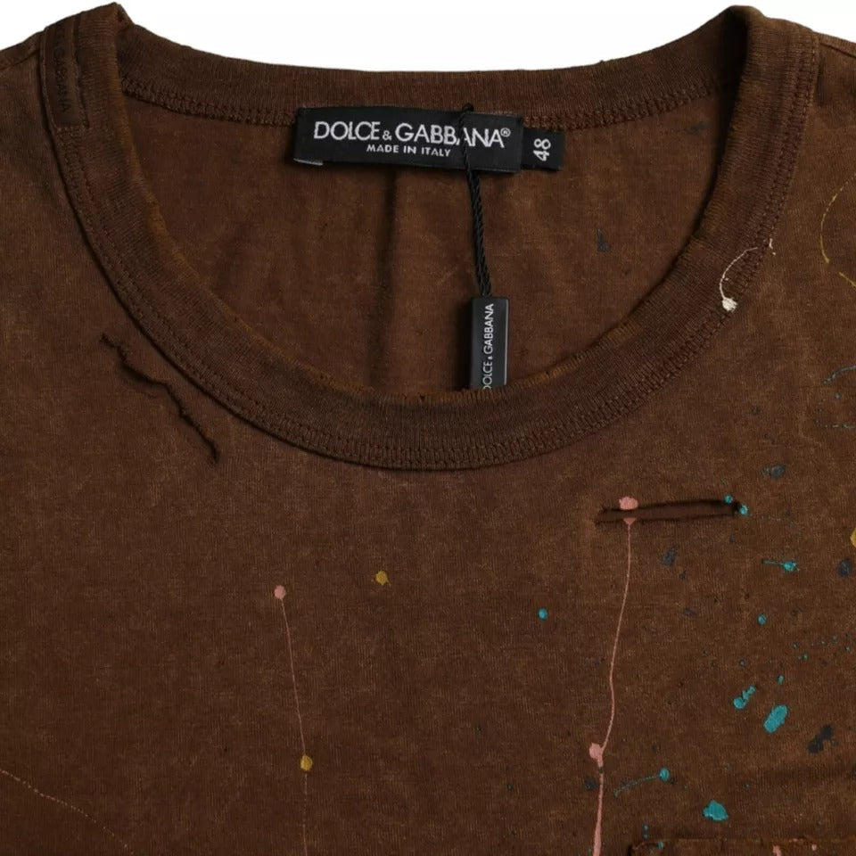 Dolce & Gabbana T-shirt girocollo in cotone color marrone con schizzi di colore