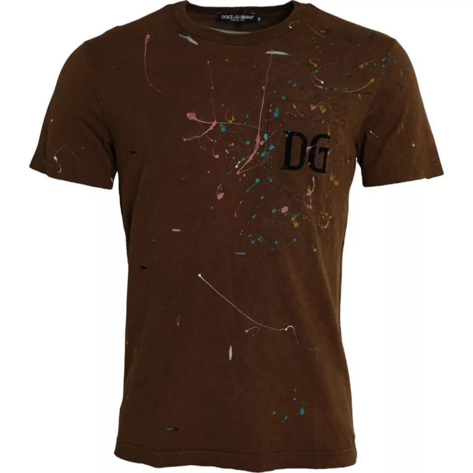 Dolce & Gabbana T-shirt girocollo in cotone color marrone con schizzi di colore