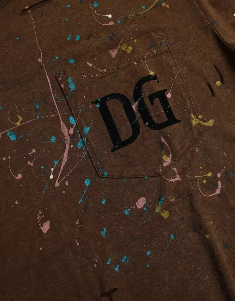 Dolce & Gabbana T-shirt girocollo in cotone color marrone con schizzi di colore