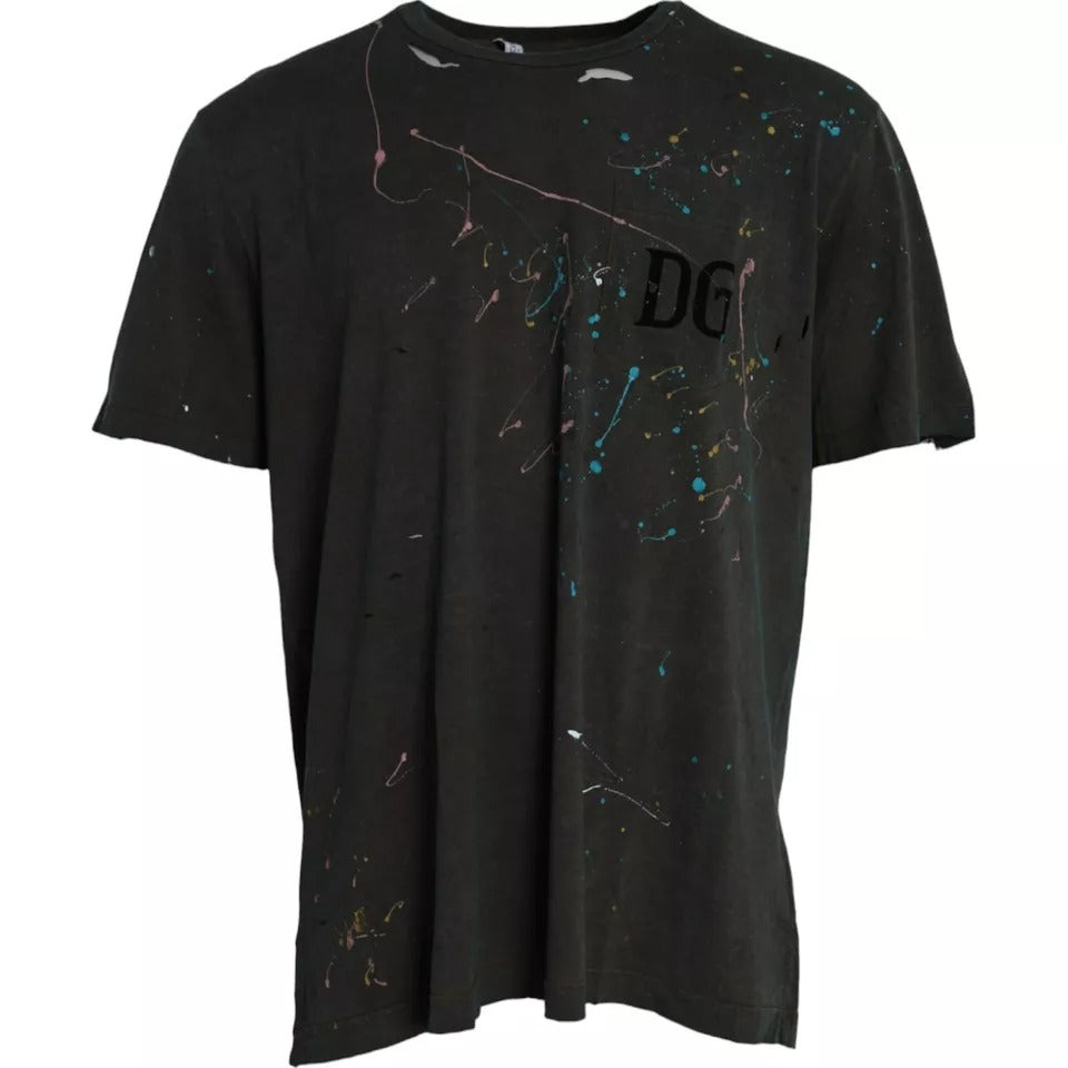 Dolce & Gabbana T-shirt girocollo in cotone grigio con schizzi di colore