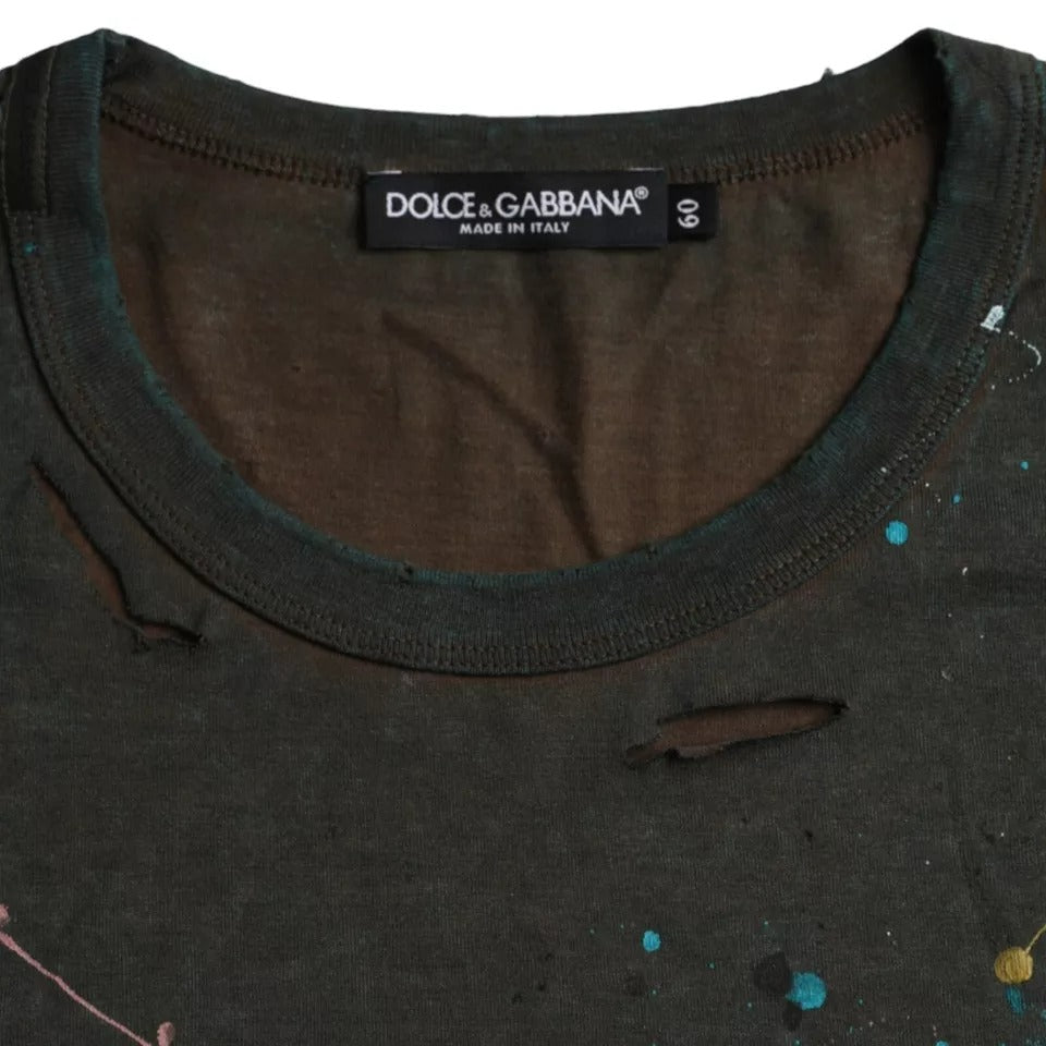Dolce & Gabbana T-shirt girocollo in cotone grigio con schizzi di colore