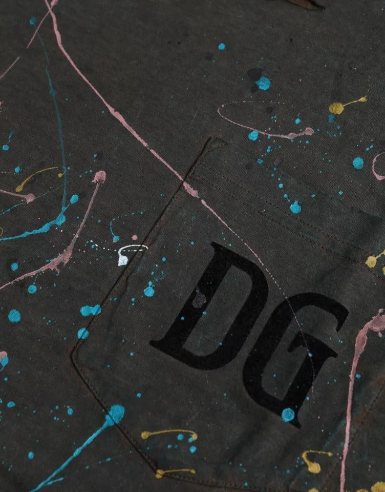 Dolce & Gabbana T-shirt girocollo in cotone grigio con schizzi di colore