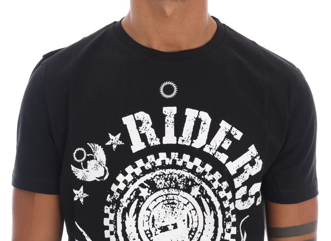 T-shirt girocollo nera chic di Frankie Morello con motivo "RIDERS".