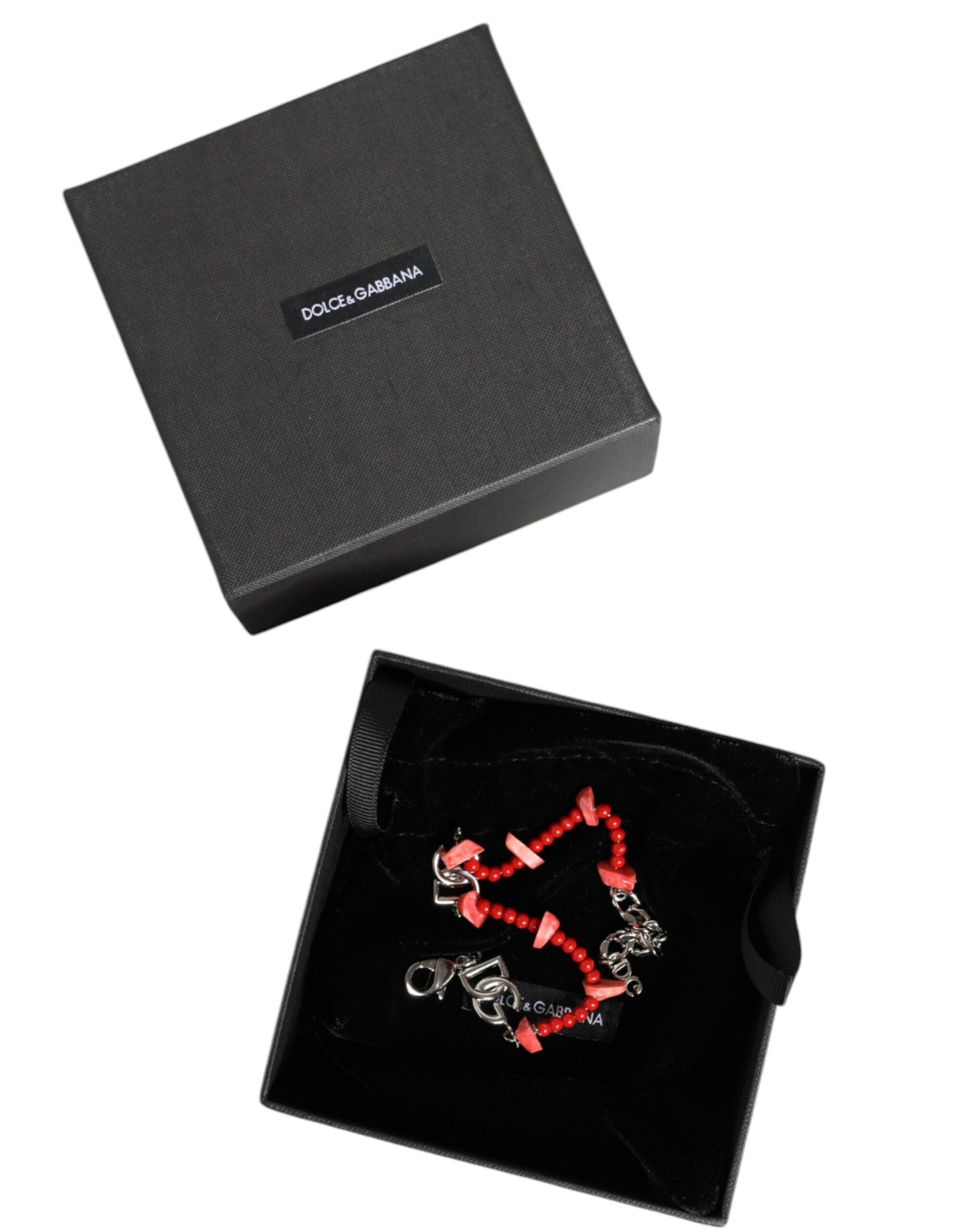 Bracciale Dolce & Gabbana in ottone argentato con perline in resina e logo DG