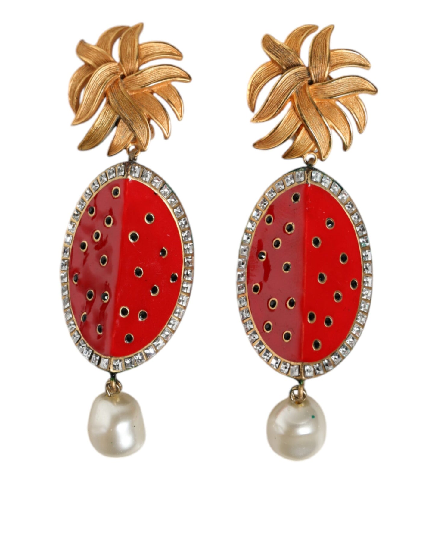 Dolce & Gabbana Orecchini pendenti con clip in cristallo e ottone dorato con anguria rossa