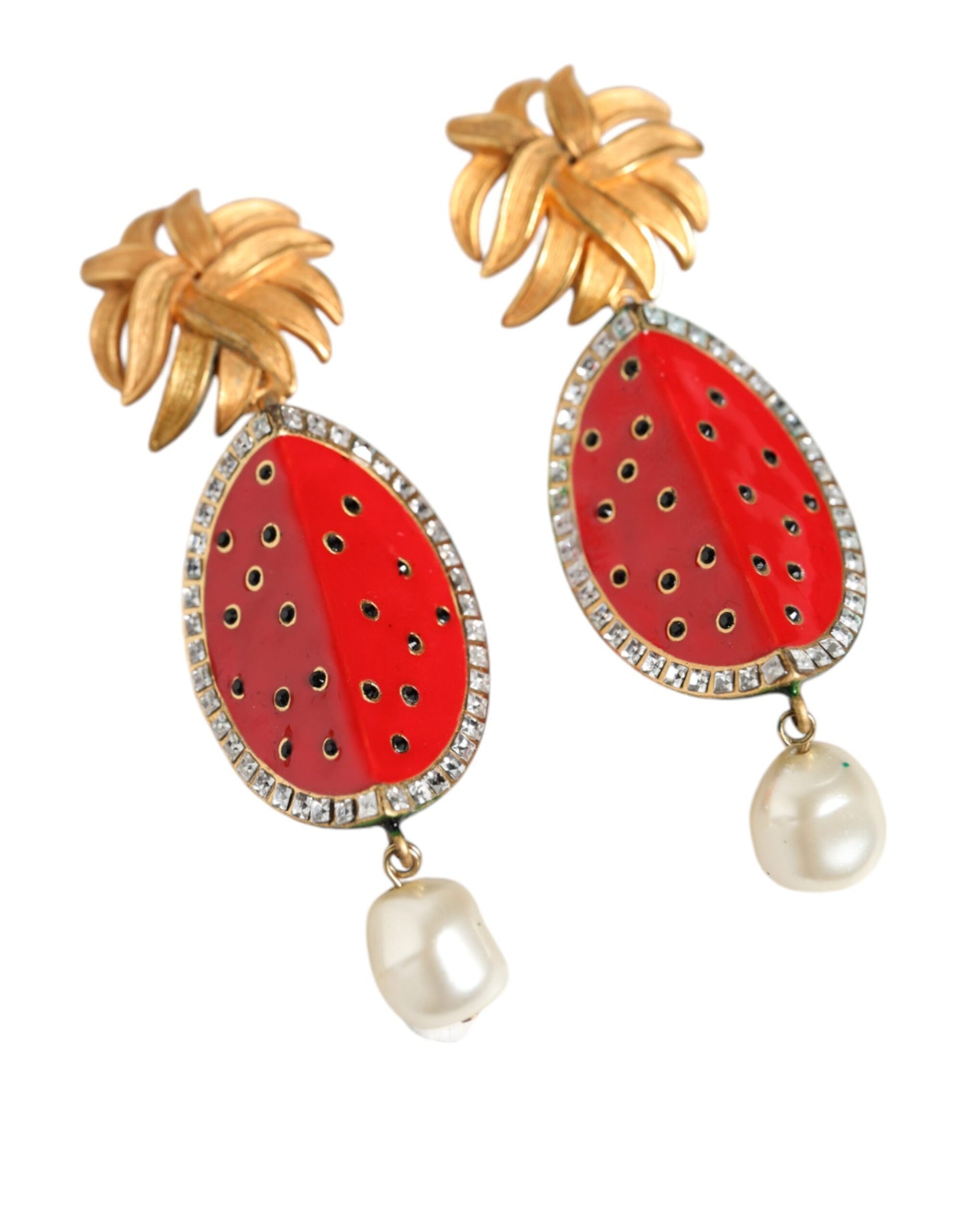 Dolce & Gabbana Orecchini pendenti con clip in cristallo e ottone dorato con anguria rossa
