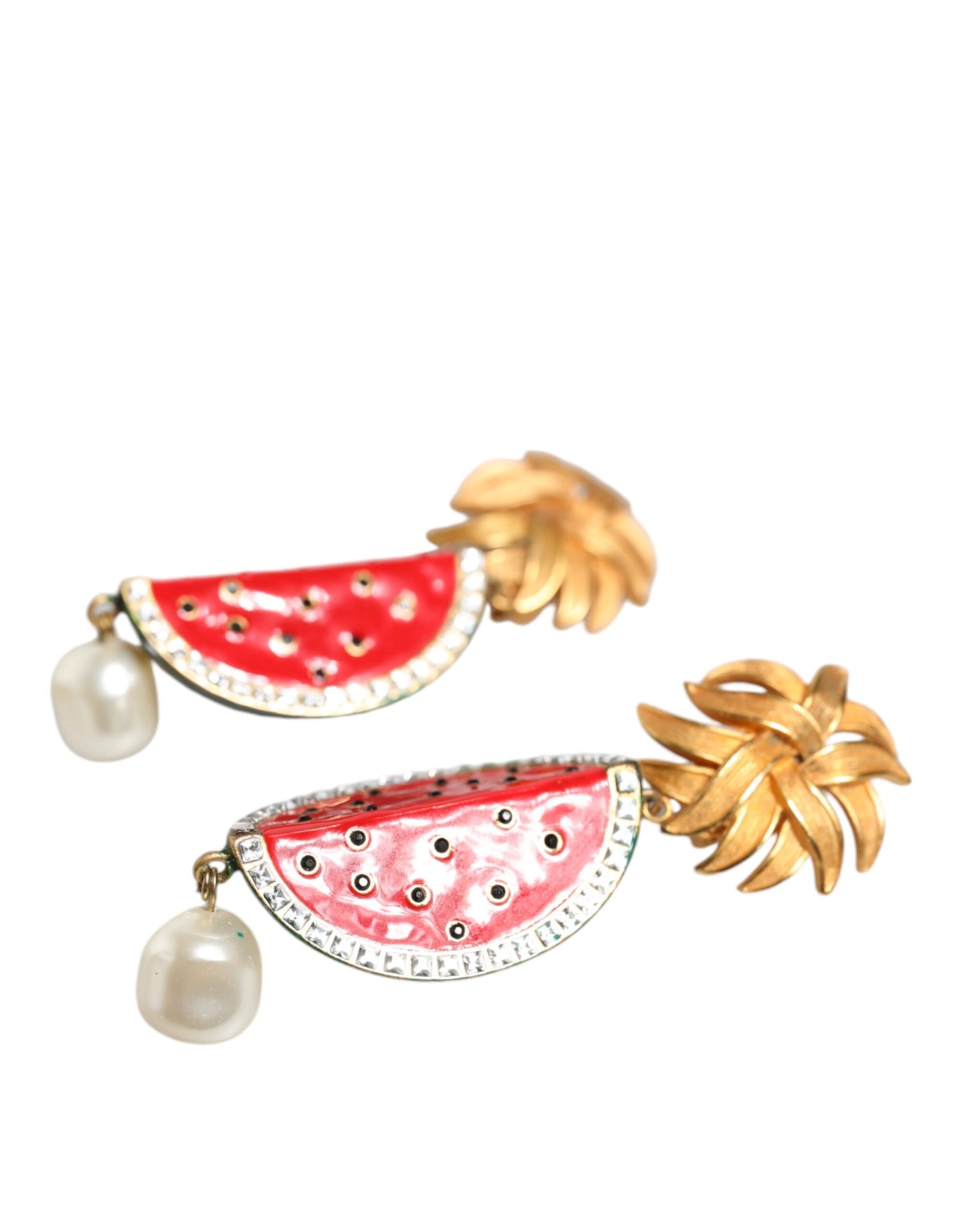 Dolce & Gabbana Orecchini pendenti con clip in cristallo e ottone dorato con anguria rossa