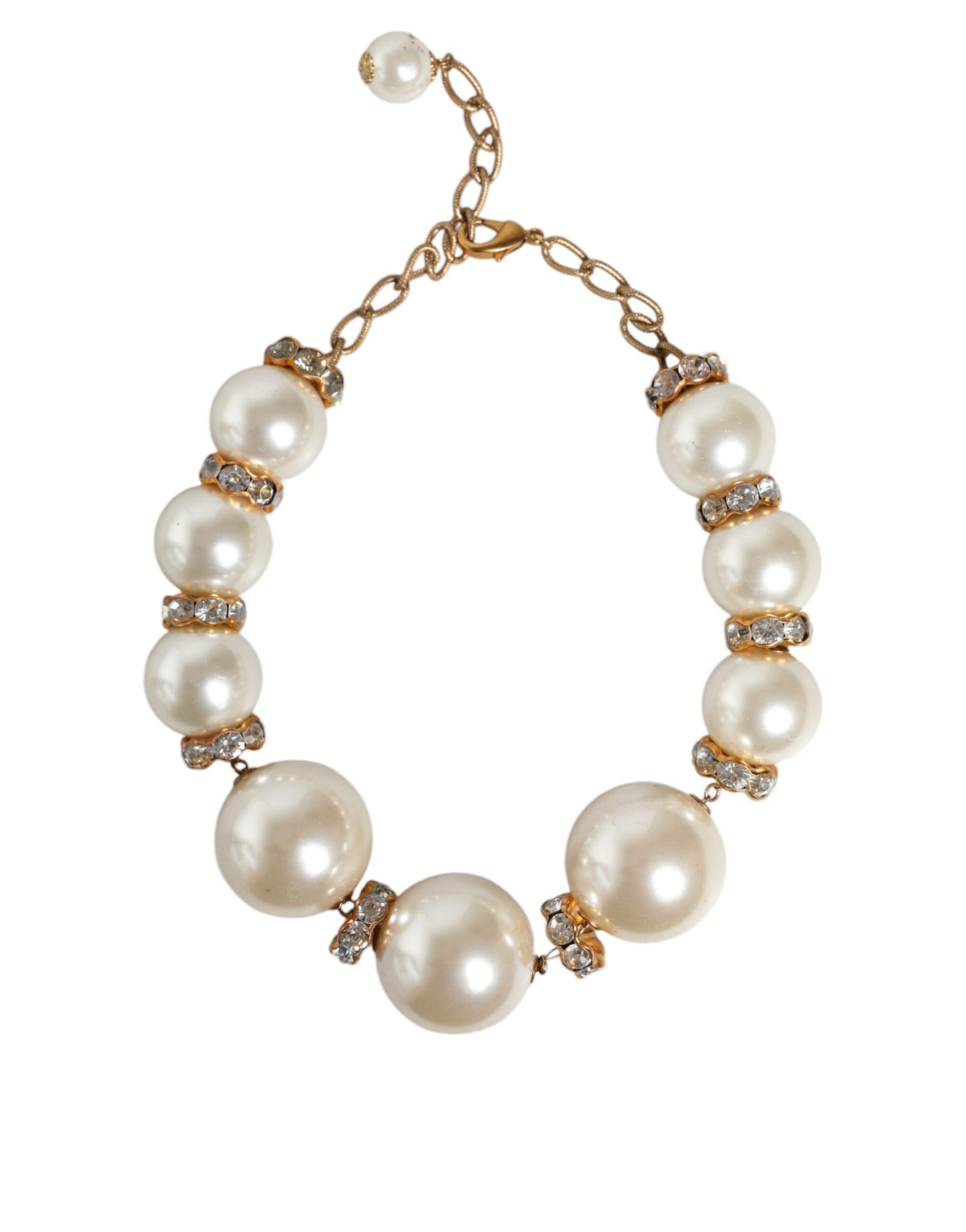 Dolce & Gabbana Maxi Collana con Perle Finte Bianche e Cristalli e Catena in Oro