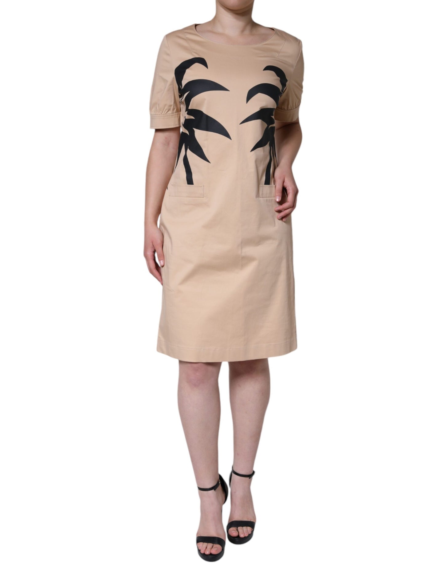 Abito Moschino beige in cotone a maniche corte lungo fino al ginocchio