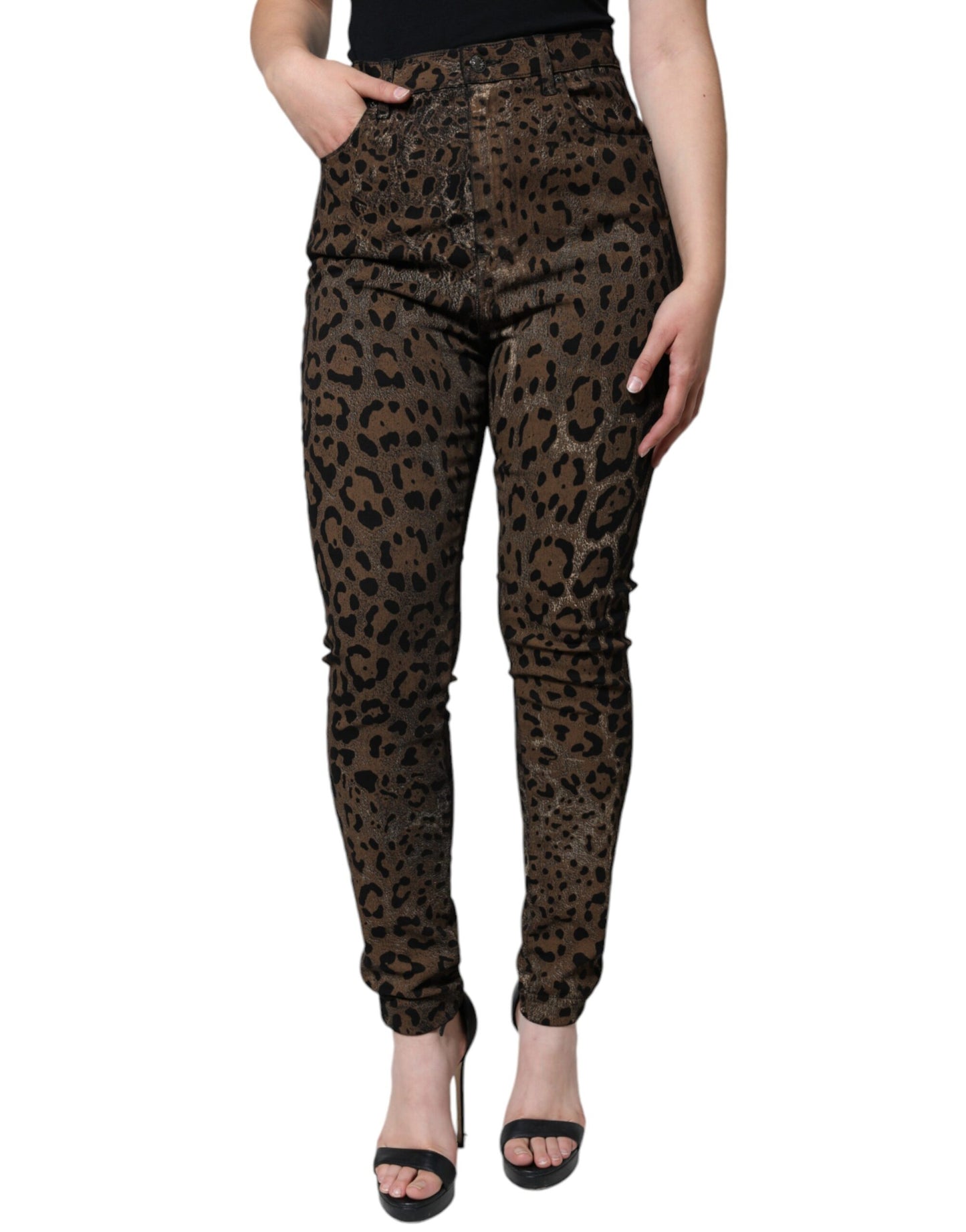 Jeans aderenti in denim di cotone leopardato marrone Dolce & Gabbana