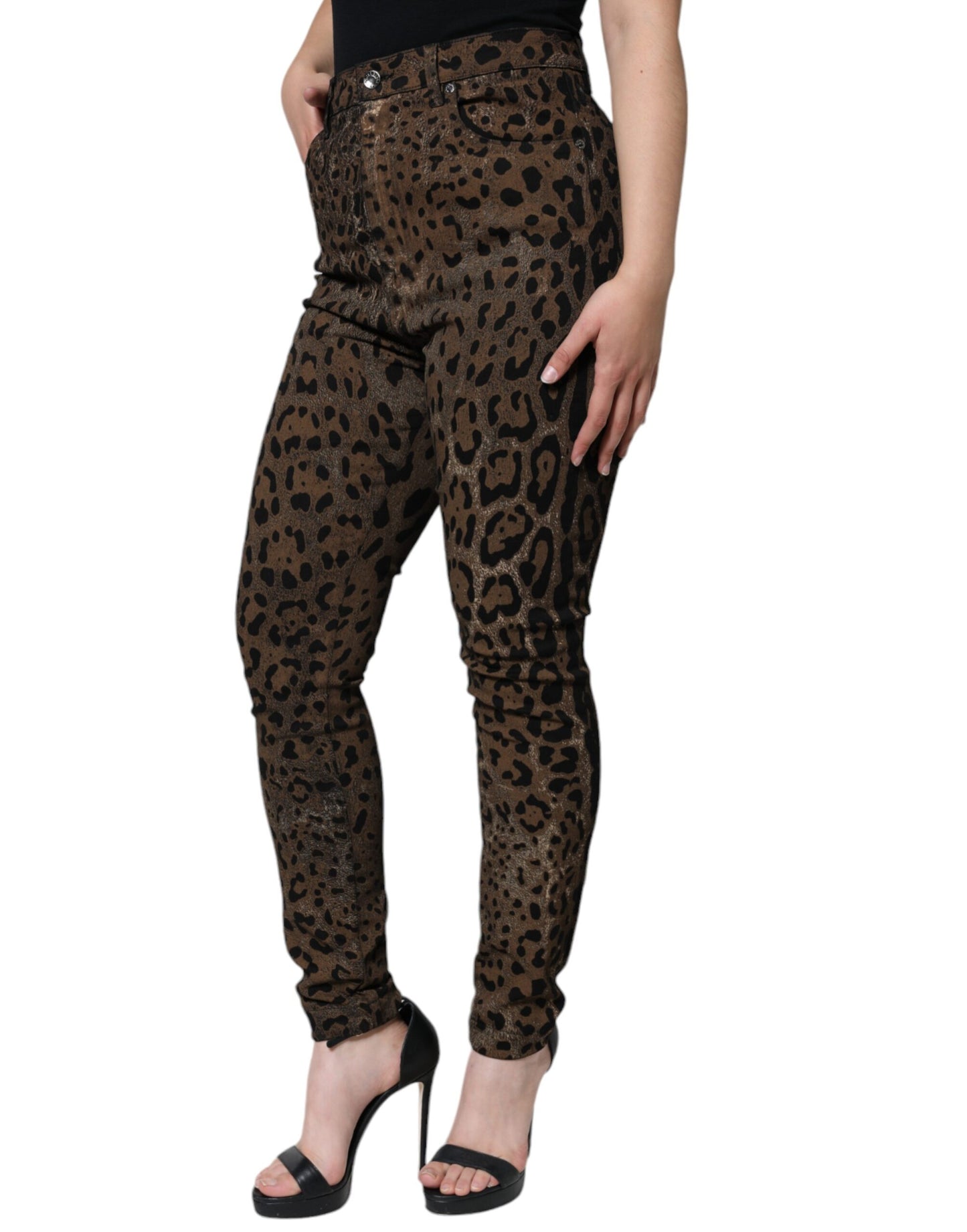 Jeans aderenti in denim di cotone leopardato marrone Dolce & Gabbana