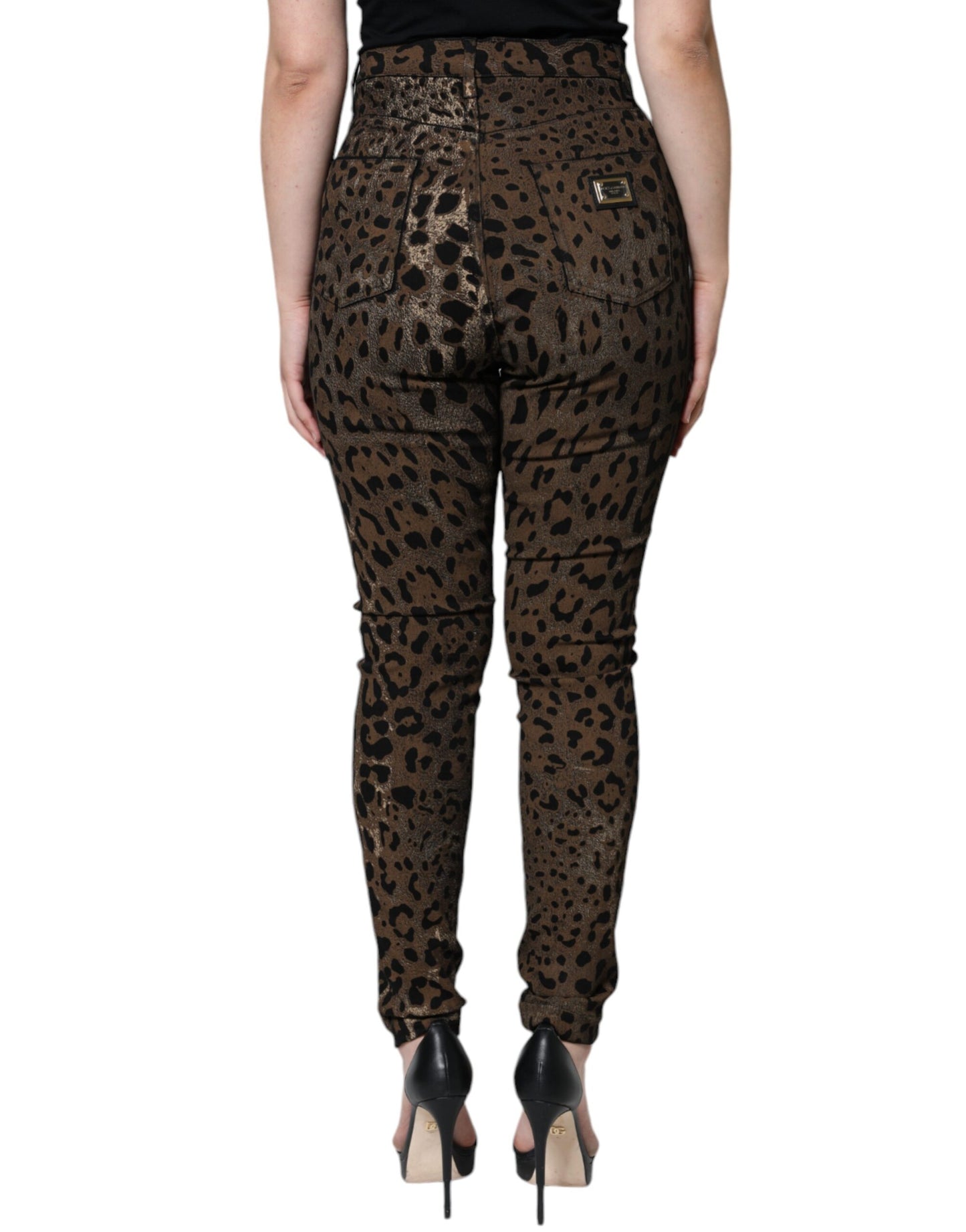Jeans aderenti in denim di cotone leopardato marrone Dolce & Gabbana