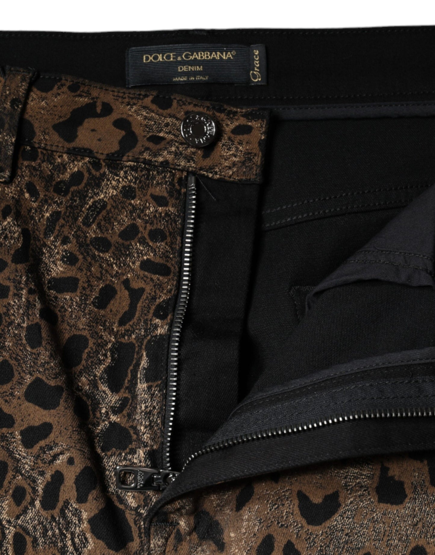 Jeans aderenti in denim di cotone leopardato marrone Dolce & Gabbana