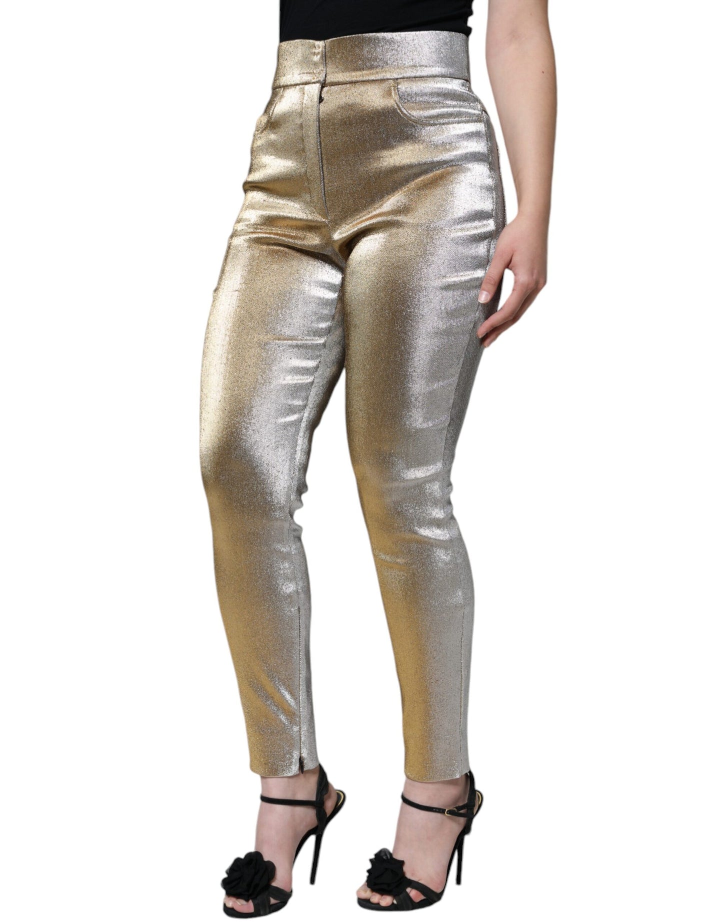 Pantaloni skinny a vita alta in oro metallizzato Dolce & Gabbana