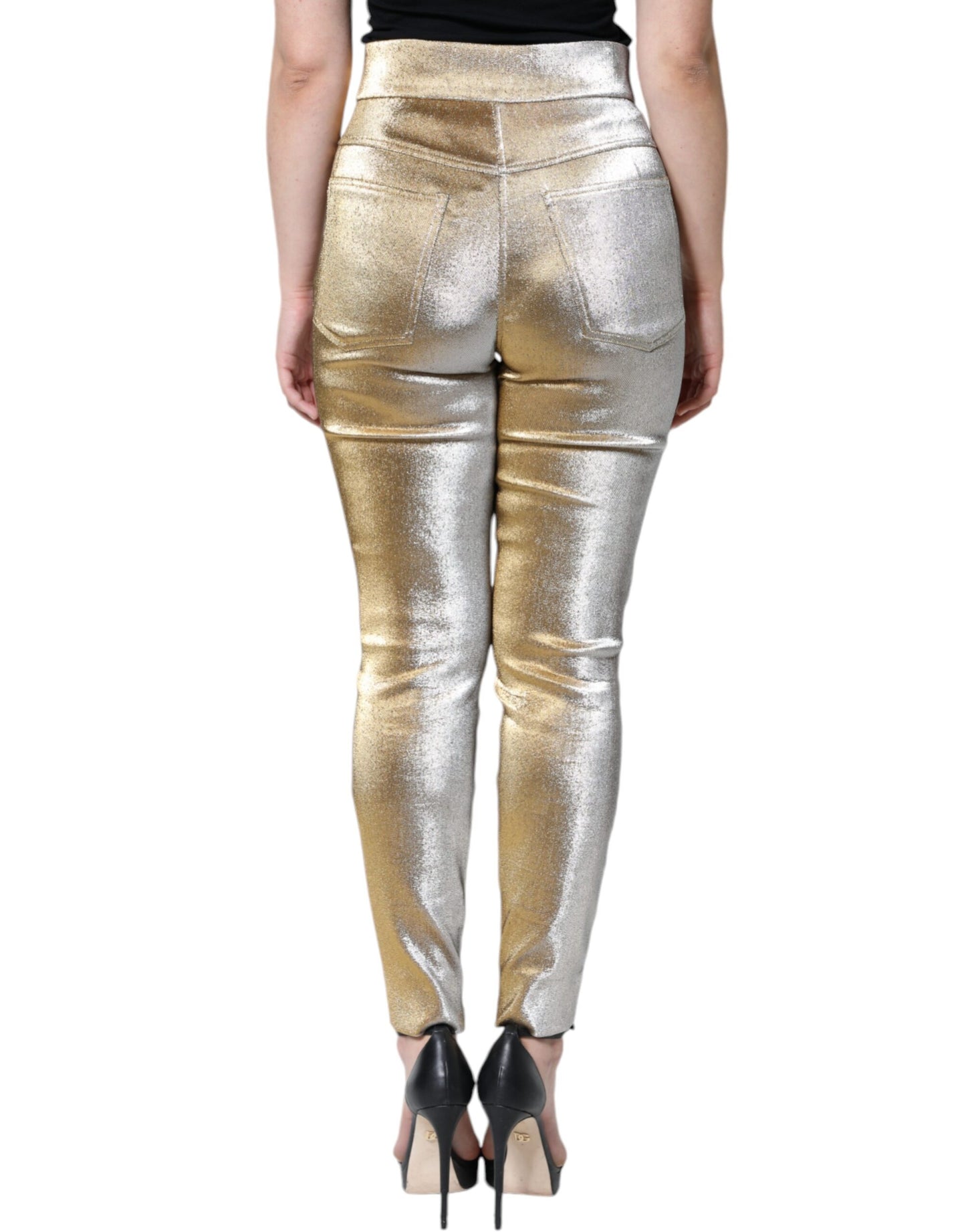 Pantaloni skinny a vita alta in oro metallizzato Dolce & Gabbana