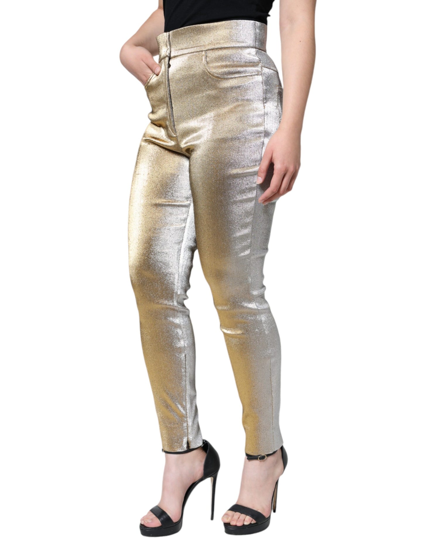 Pantaloni skinny a vita alta in oro metallizzato Dolce & Gabbana