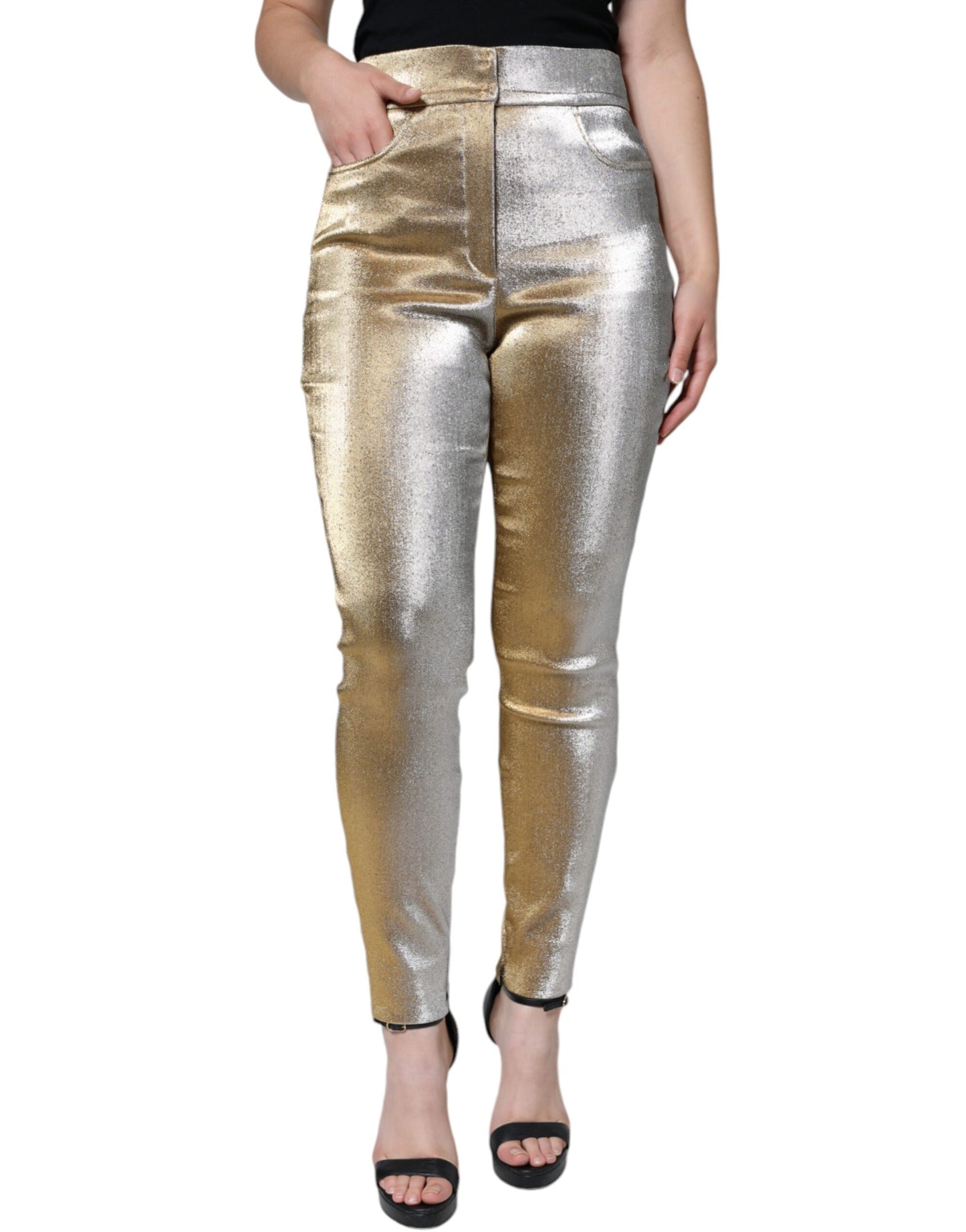 Pantaloni skinny a vita alta in oro metallizzato Dolce & Gabbana