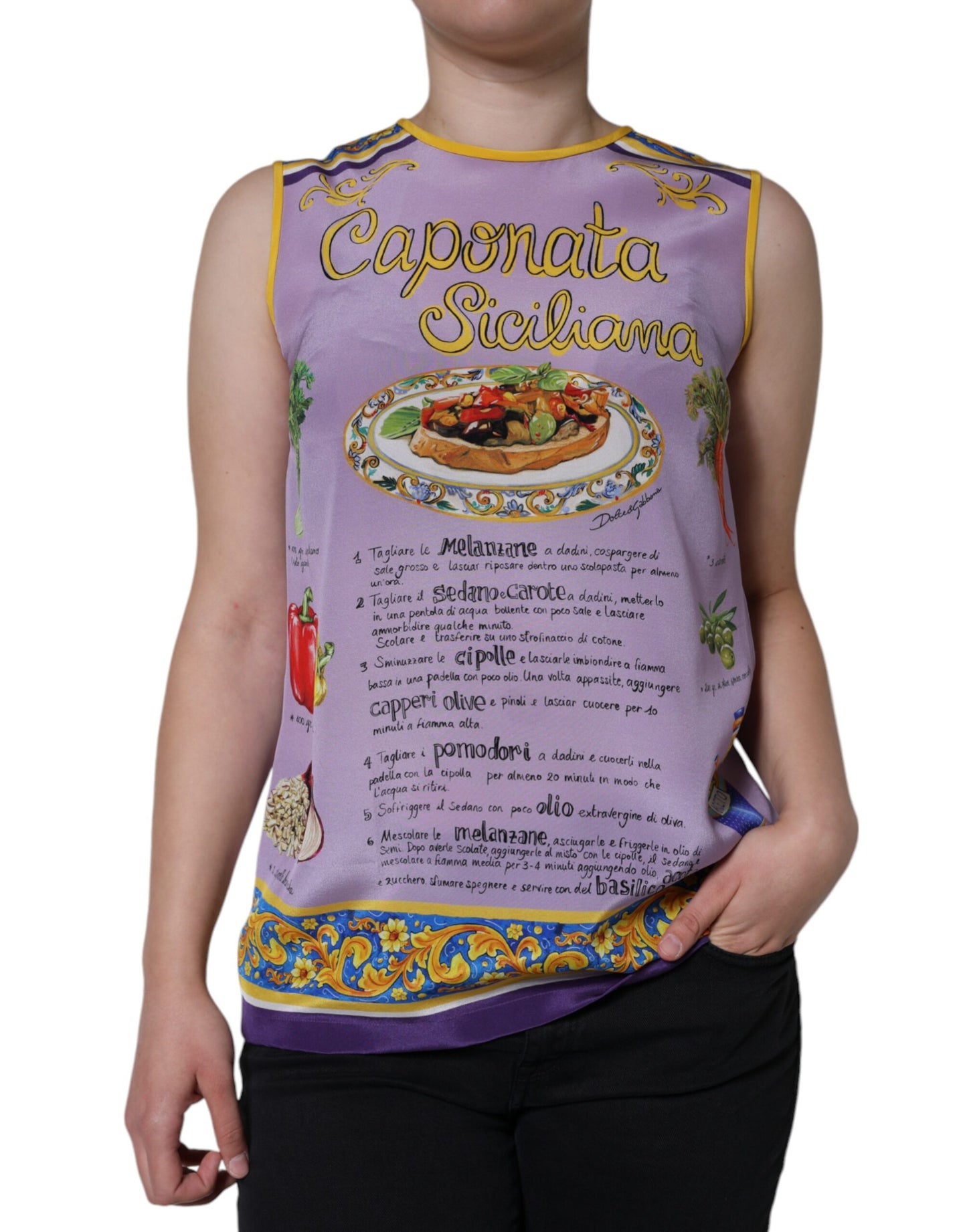Canotta Dolce & Gabbana con stampa Caponata Siciliana in seta viola