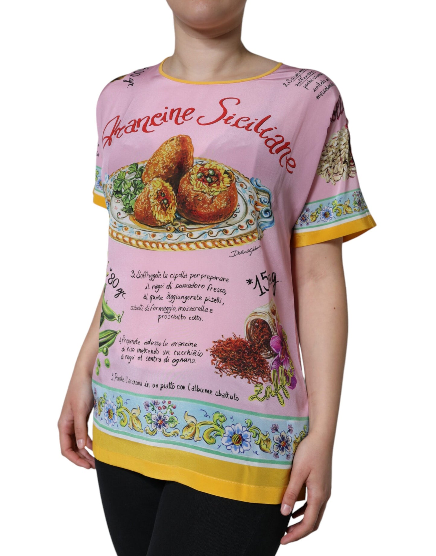 Dolce & Gabbana Top a maniche corte con stampa Araneine Siciliana in seta rosa