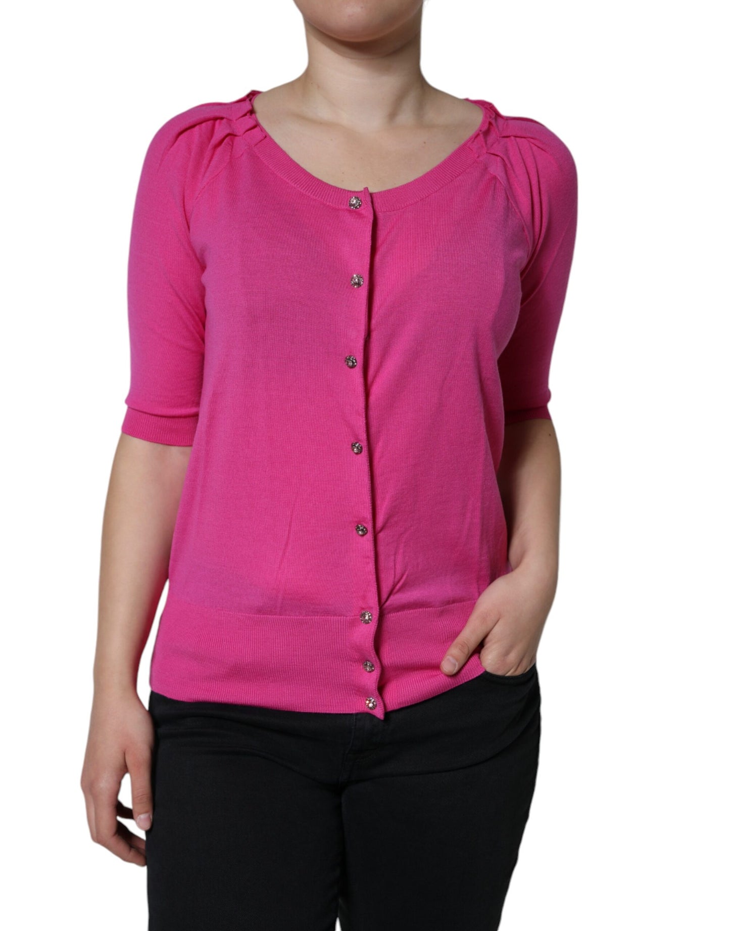 Dolce & Gabbana Top in lana rosa con bottoni e maniche corte