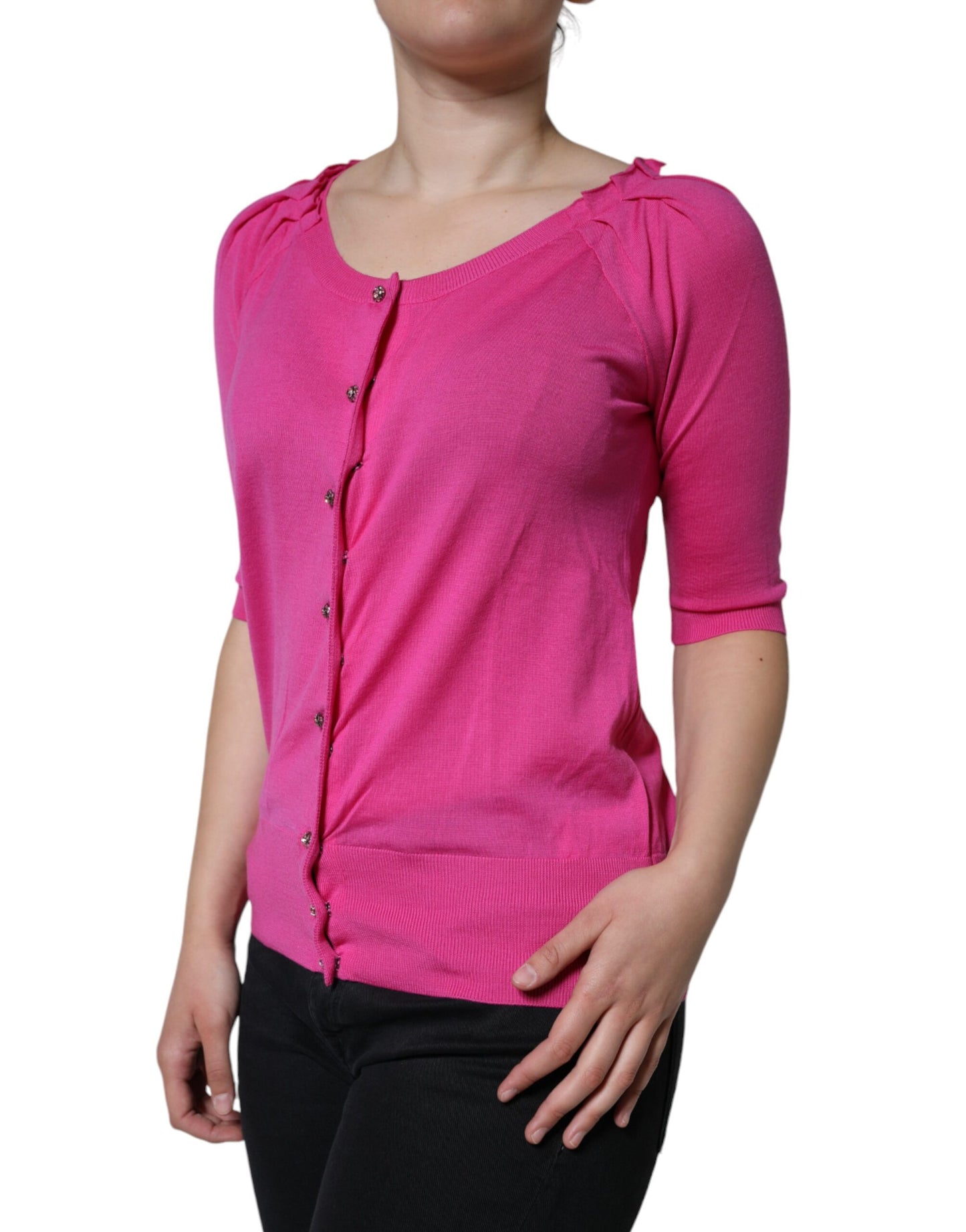 Dolce & Gabbana Top in lana rosa con bottoni e maniche corte