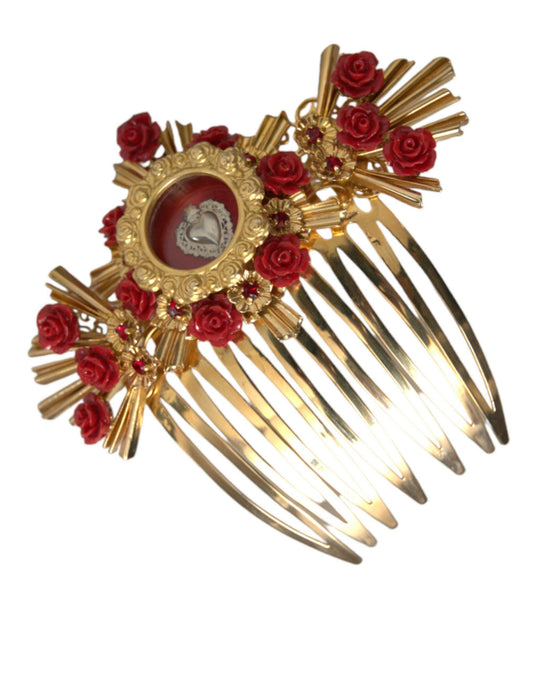 Dolce & Gabbana Gold Brass Crystal Heart Floral Hair Comb - PER.FASHION