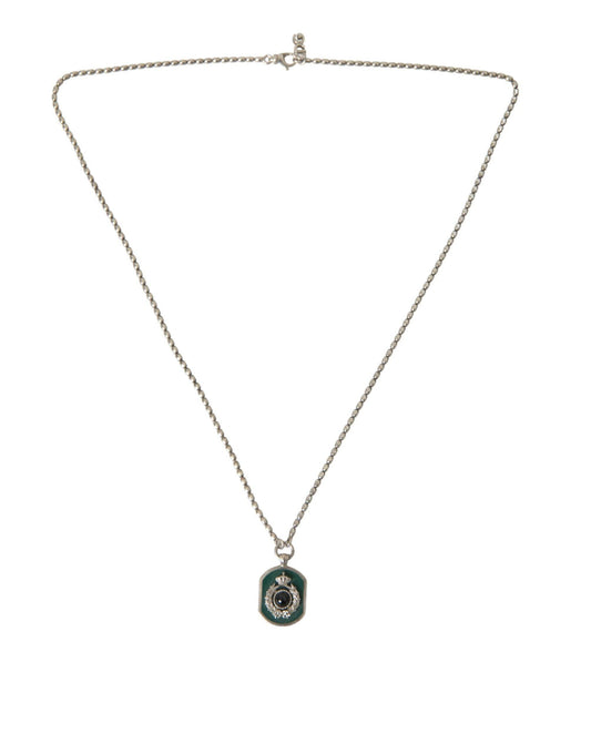 Dolce & Gabbana Silver Tone Brass Chain Tag Bead Crown Pendant Necklace - PER.FASHION