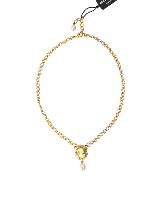 Dolce & Gabbana Gold Brass Chain Pearl Pendant Charm Necklace - PER.FASHION
