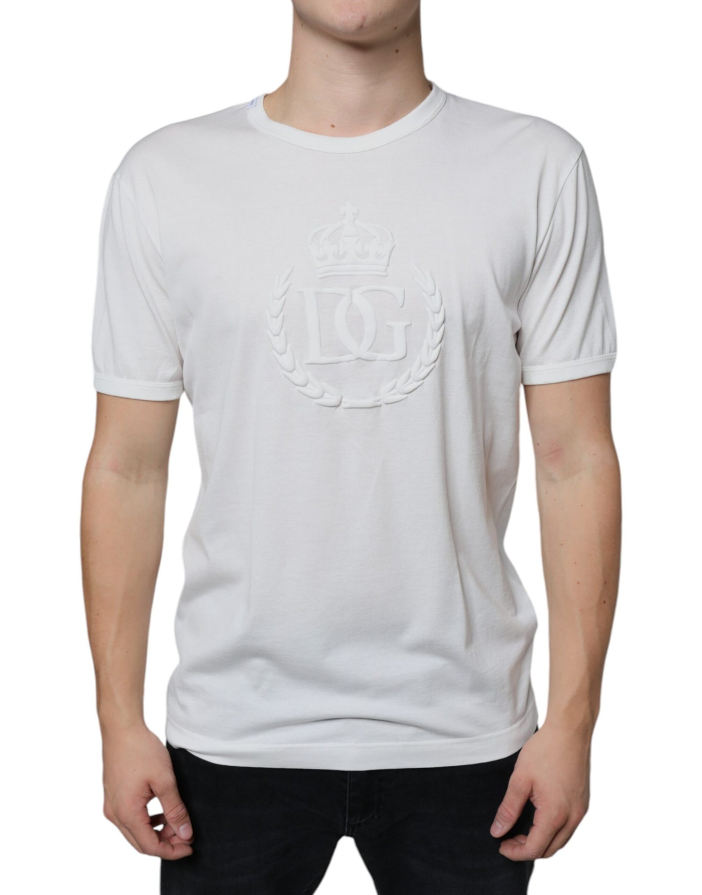 T-shirt girocollo in cotone bianco con logo in rilievo di Dolce & Gabbana