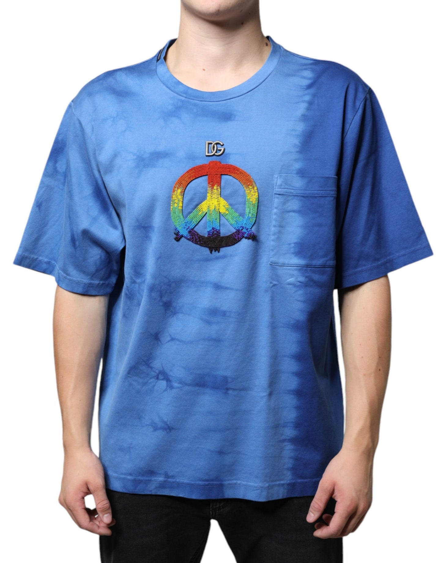 Dolce & Gabbana T-shirt in cotone con simbolo della pace e motivo tie-dye blu