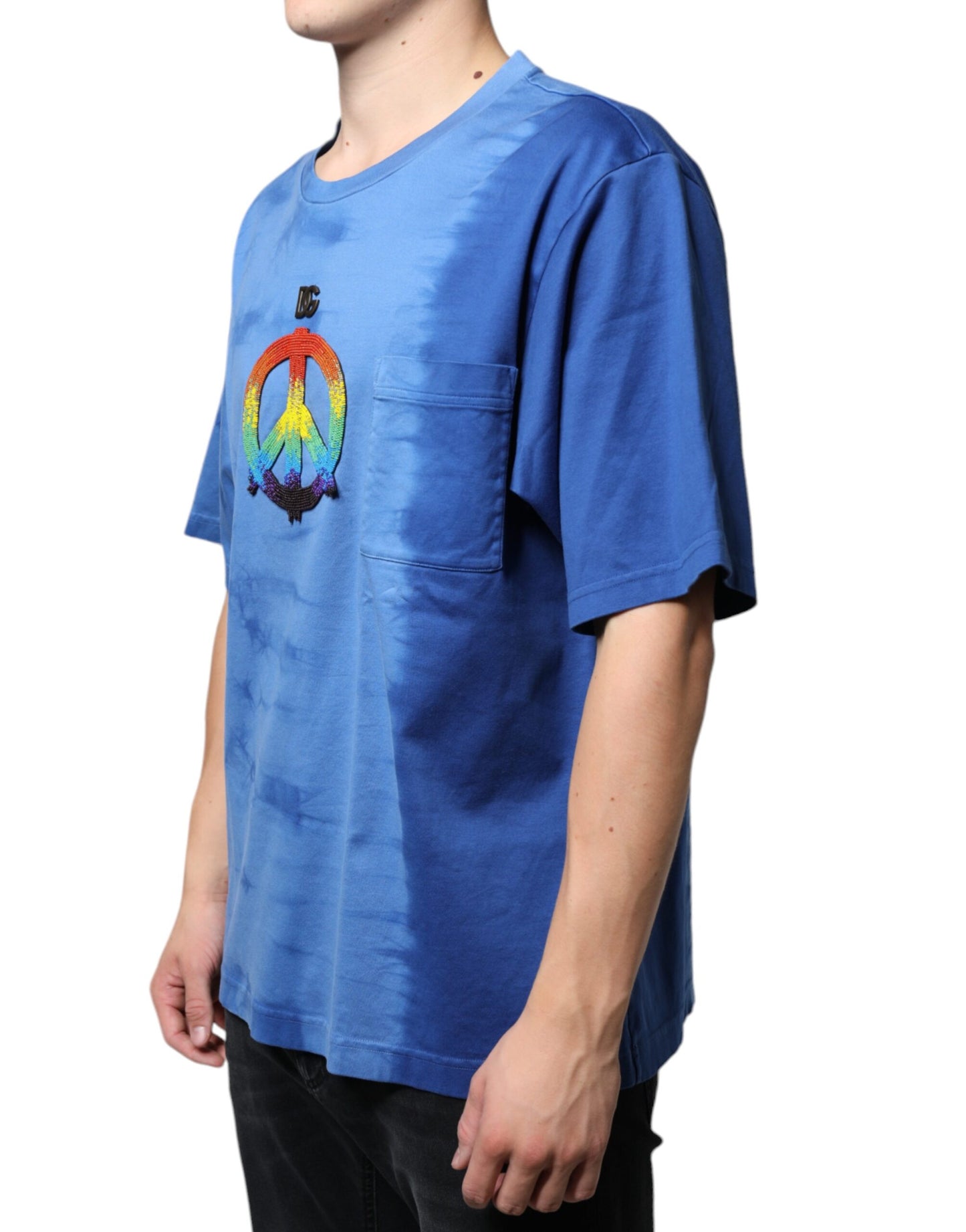 Dolce & Gabbana T-shirt in cotone con simbolo della pace e motivo tie-dye blu