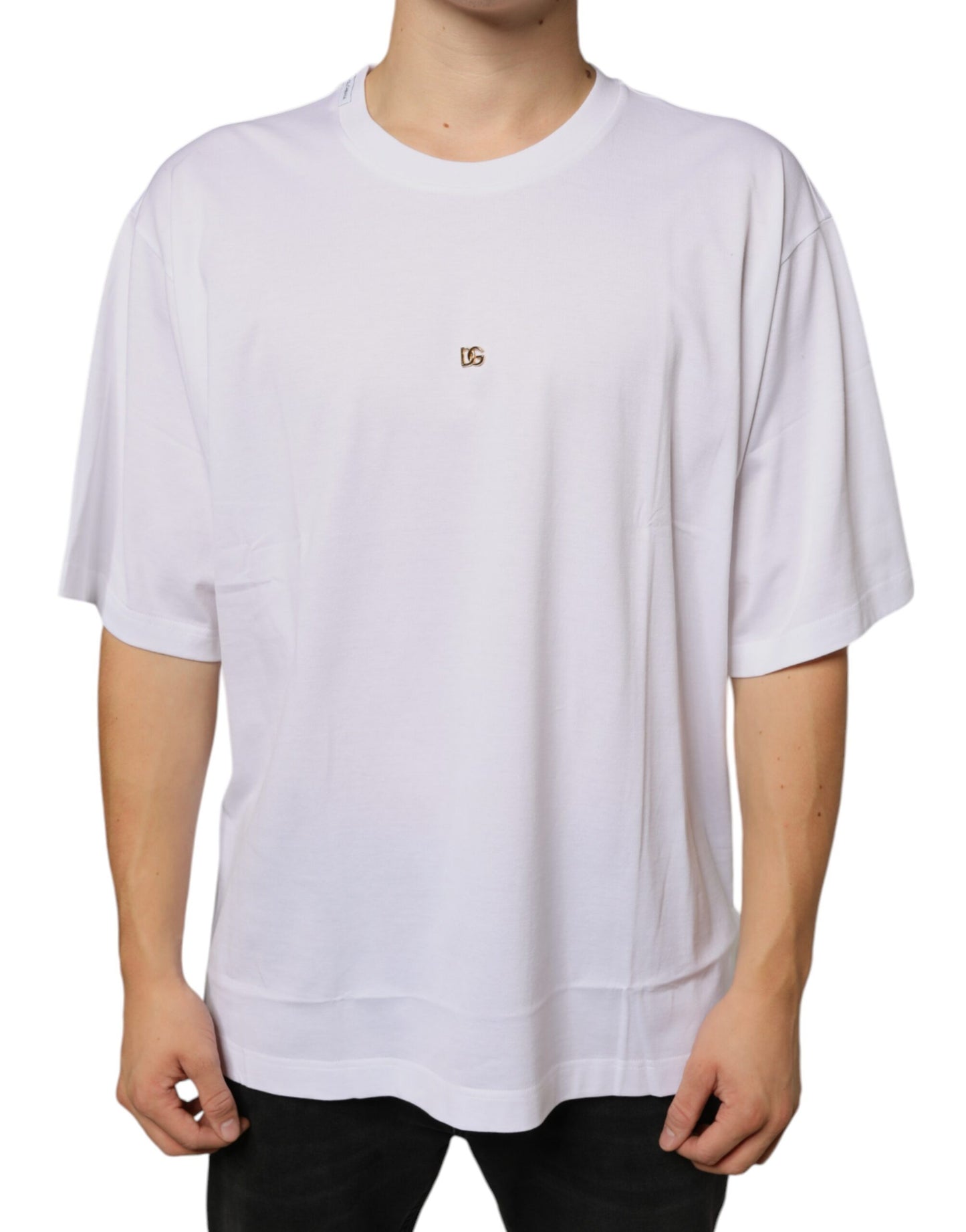 Dolce & Gabbana T-shirt a maniche corte in cotone con logo DG in metallo bianco