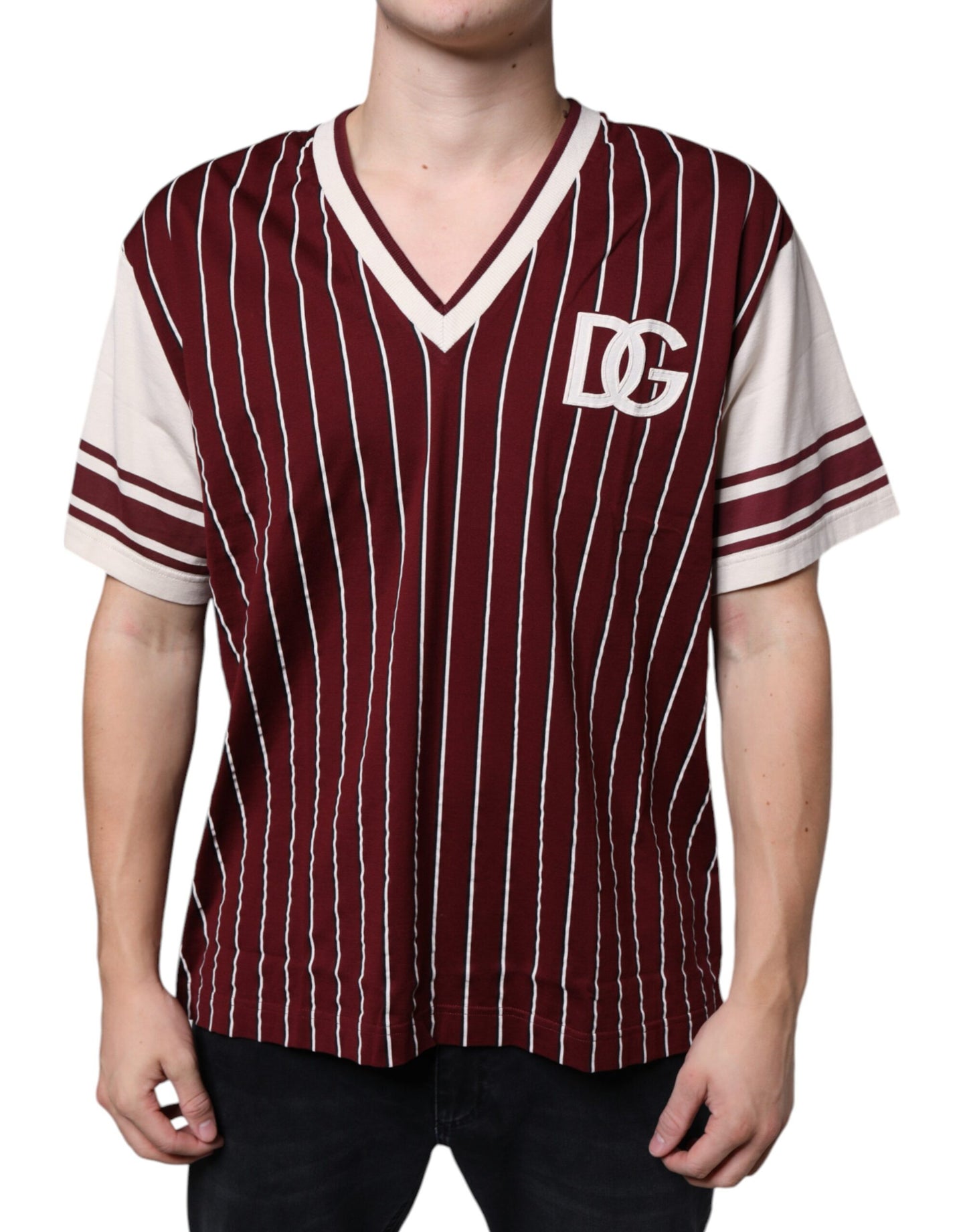 Dolce & Gabbana T-shirt a V con logo in cotone a righe color marrone