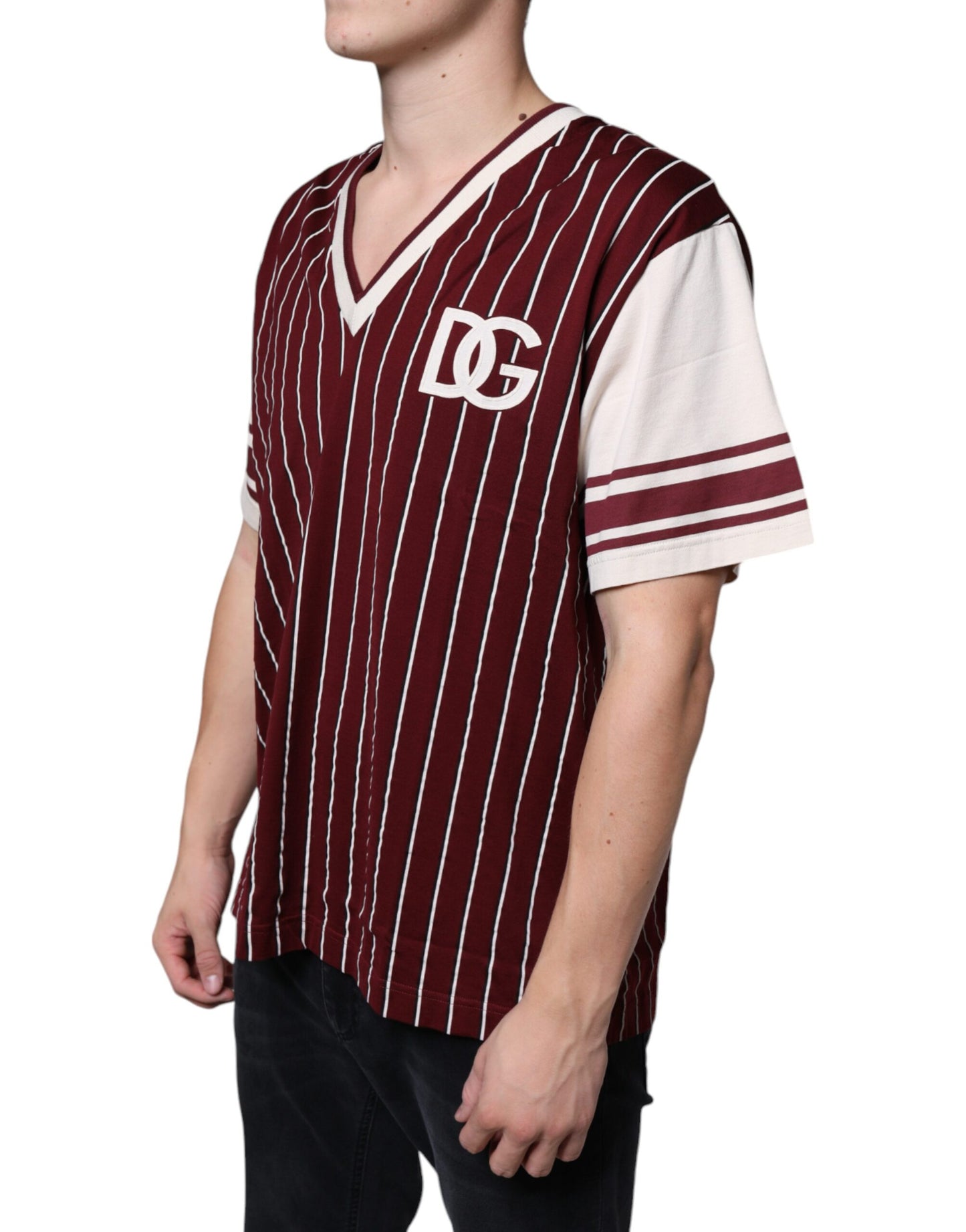 Dolce & Gabbana T-shirt a V con logo in cotone a righe color marrone