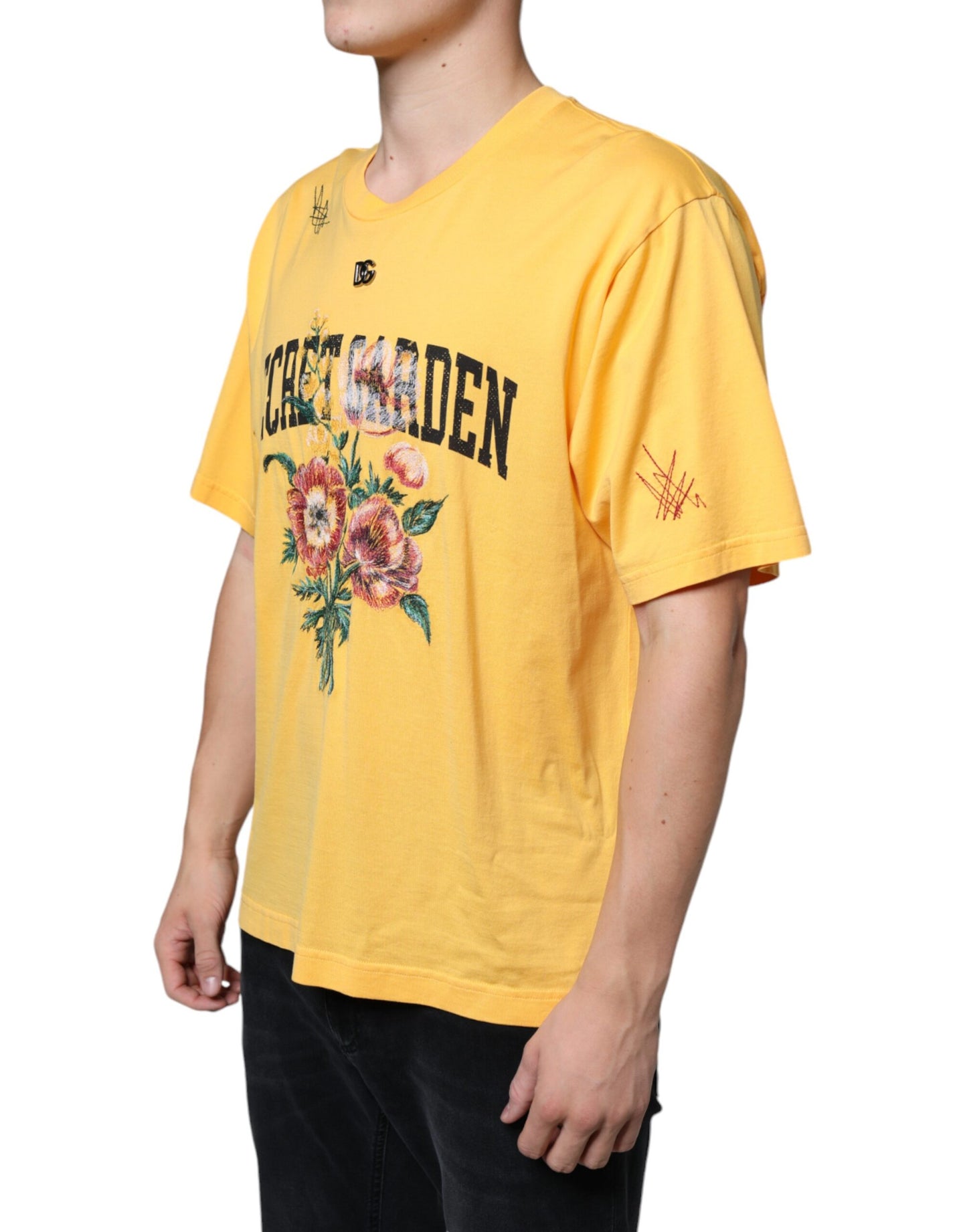 Dolce & Gabbana T-shirt girocollo in cotone floreale giallo Secret Graden