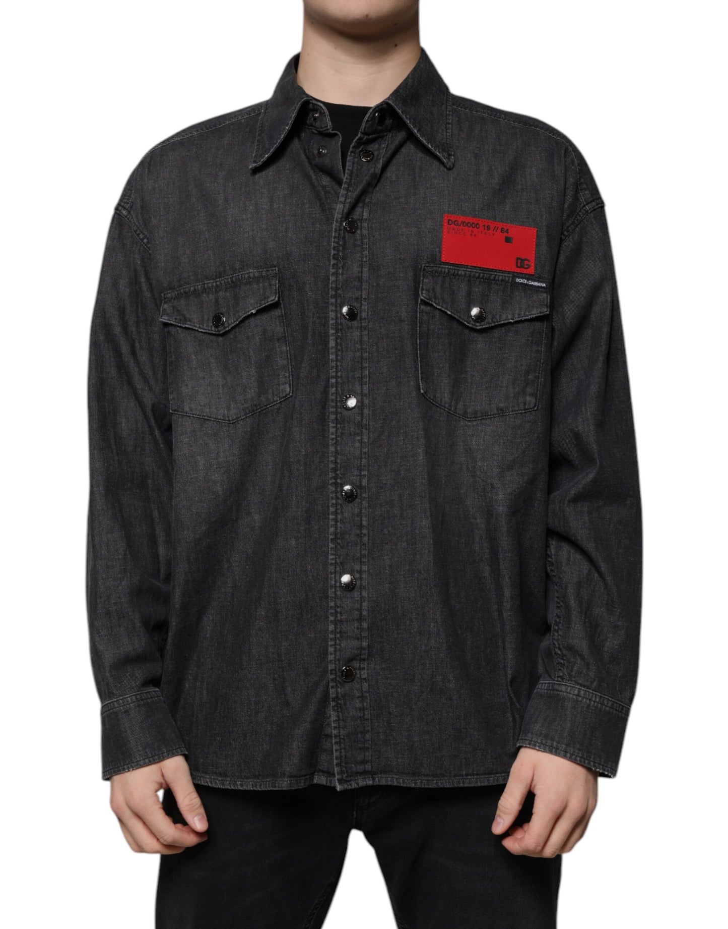 Camicia in denim con bottoni in cotone con logo nero Dolce & Gabbana