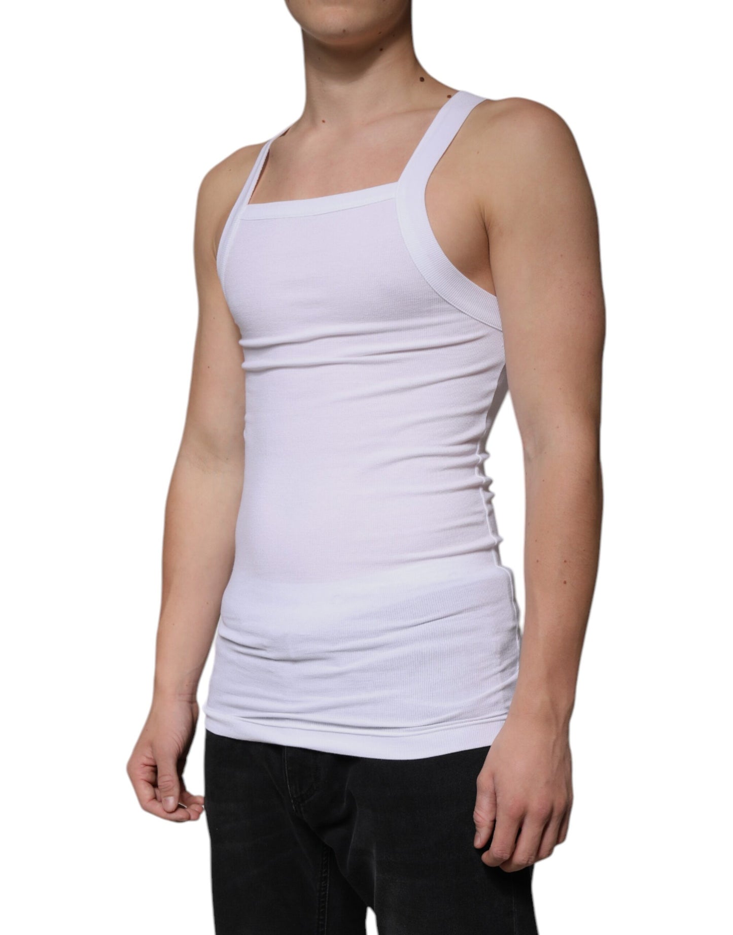 Dolce & Gabbana T-shirt bianca in cotone senza maniche con scollo quadrato