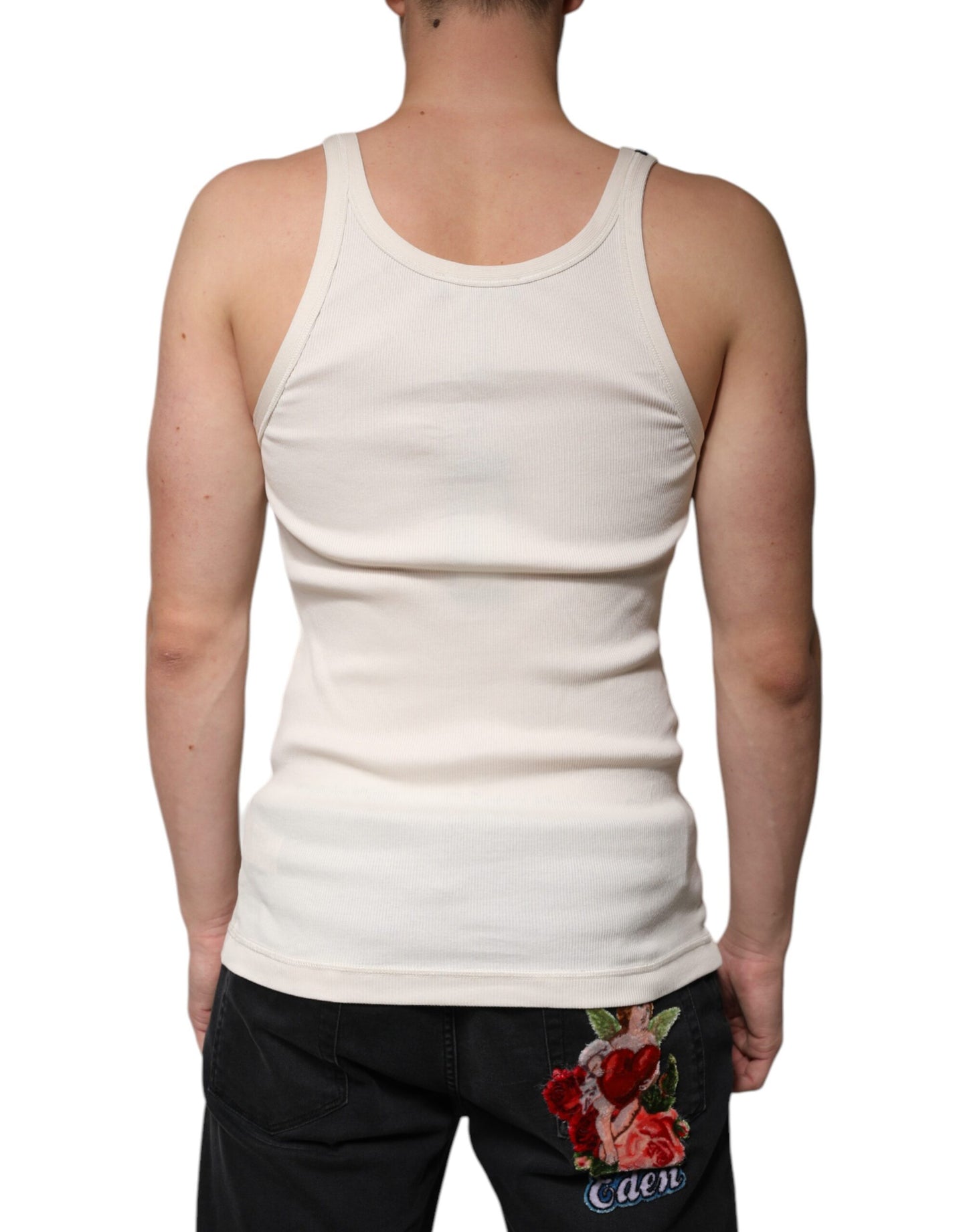 Dolce & Gabbana Off White Cotton T-shirt senza maniche girocollo