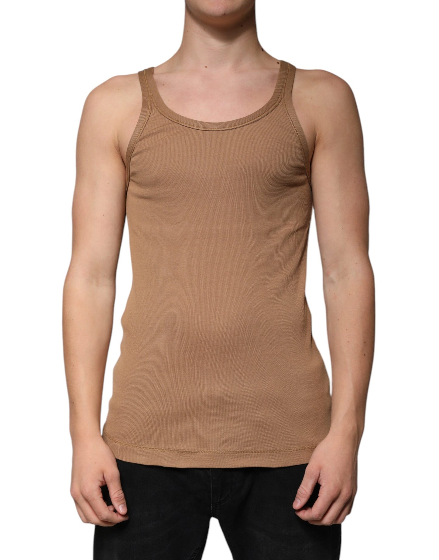 Dolce & Gabbana T-shirt senza maniche in cotone marrone con scollo rotondo