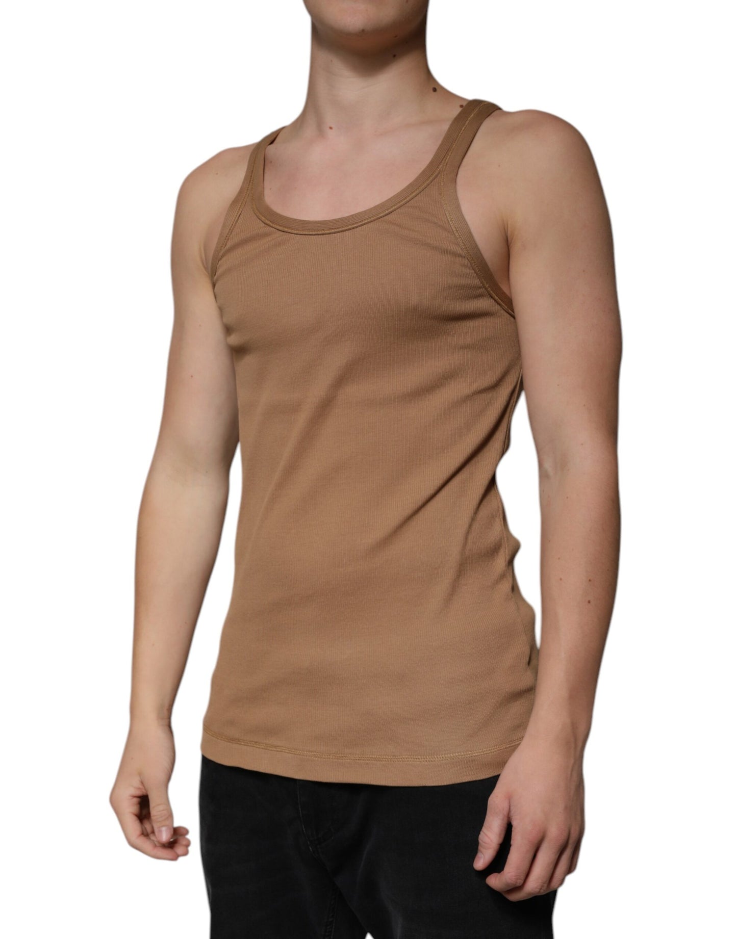 Dolce & Gabbana T-shirt senza maniche in cotone marrone con scollo rotondo