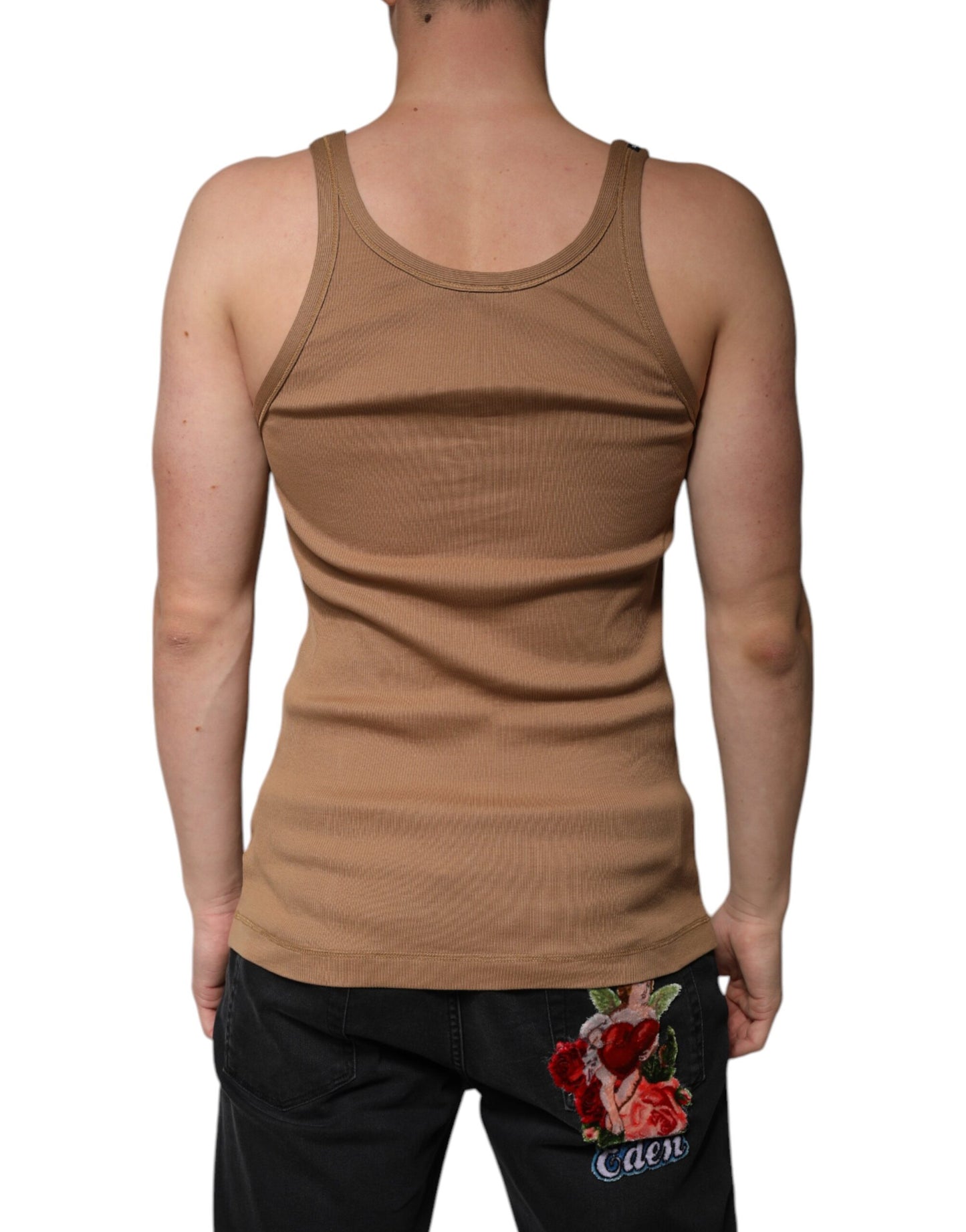 Dolce & Gabbana T-shirt senza maniche in cotone marrone con scollo rotondo