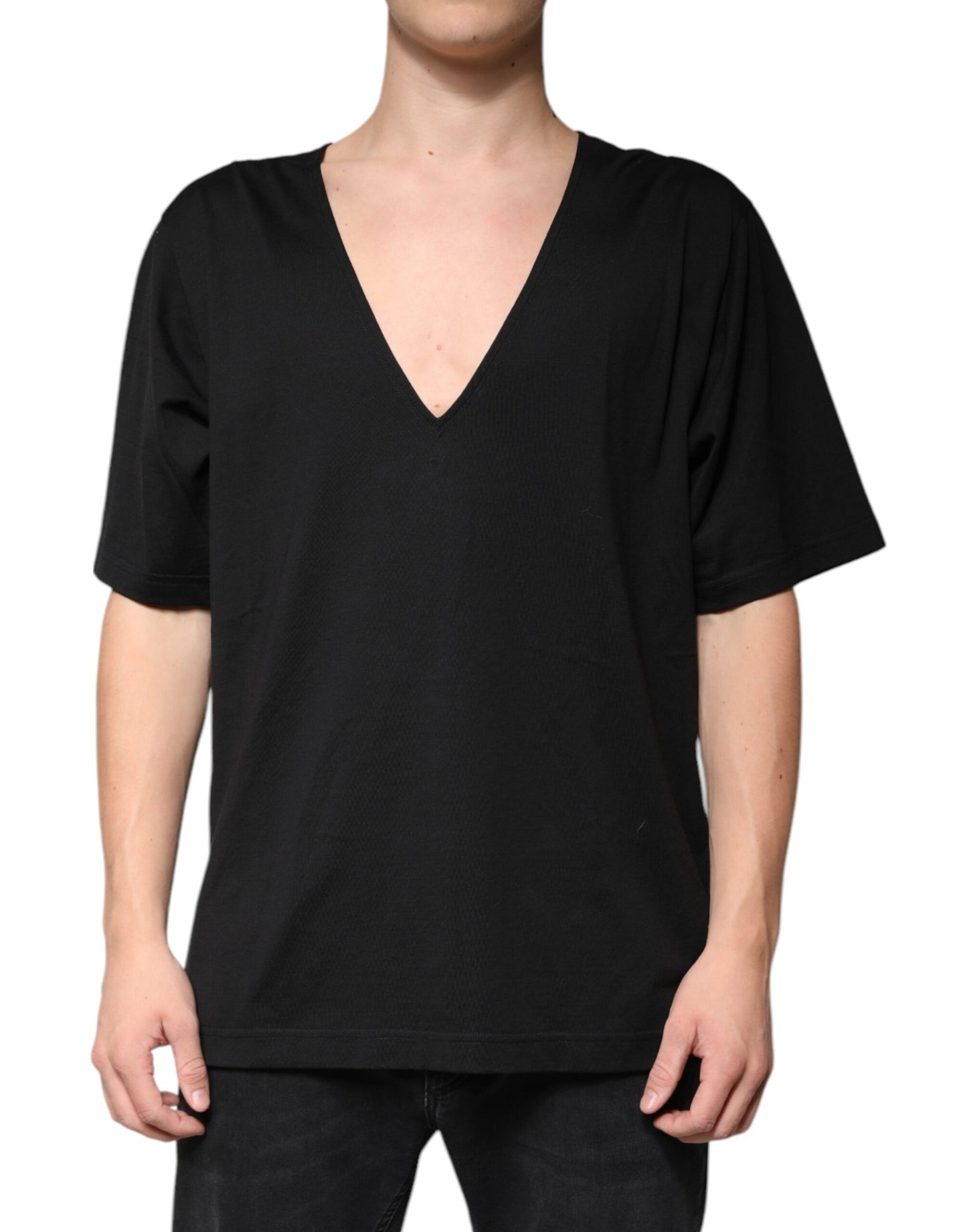 Dolce & Gabbana T-shirt nera in cotone con scollo a V e maniche corte