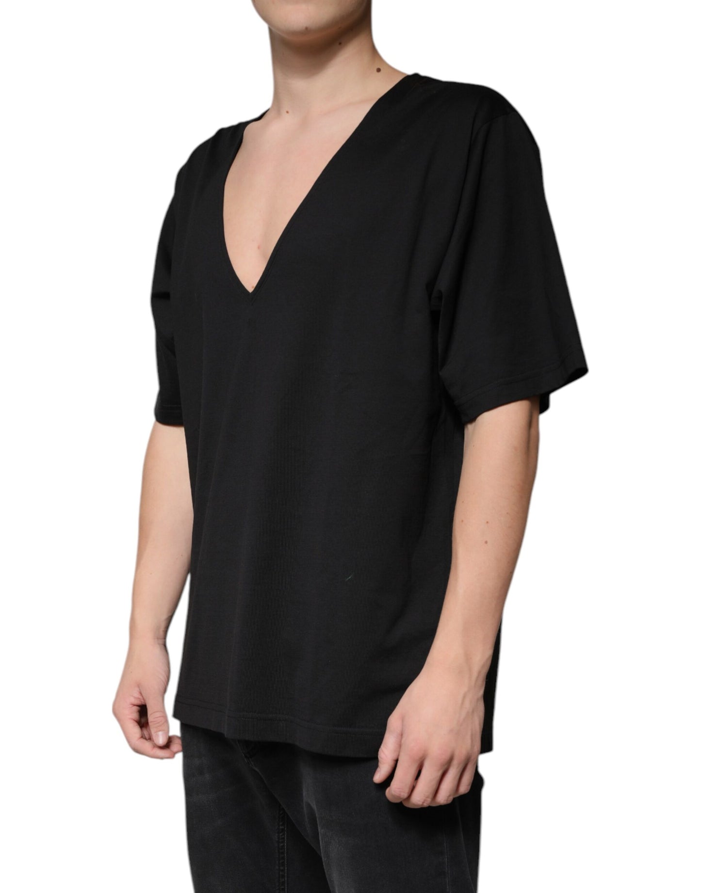 Dolce & Gabbana T-shirt nera in cotone con scollo a V e maniche corte