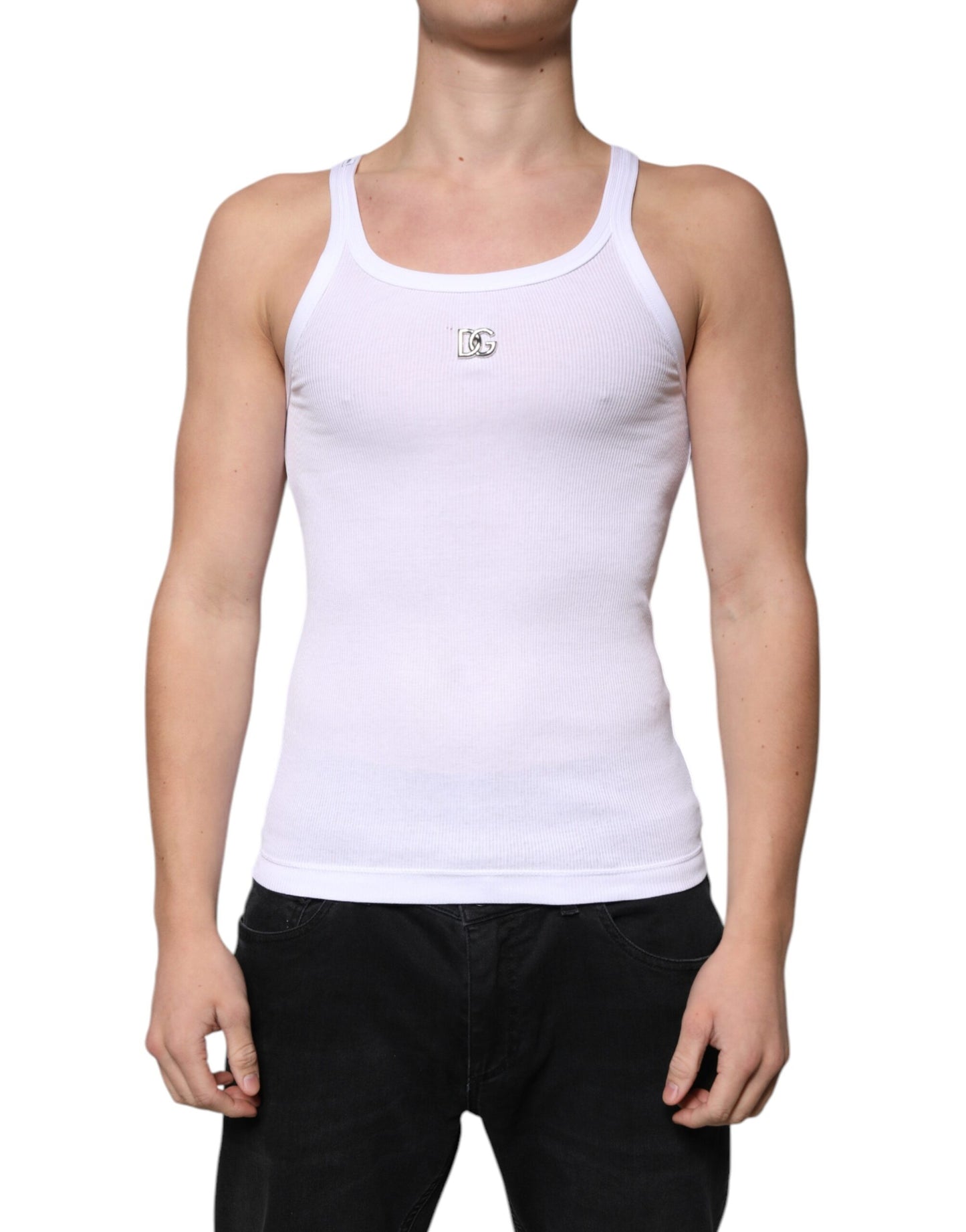 Dolce & Gabbana T-shirt girocollo senza maniche in cotone bianco DG