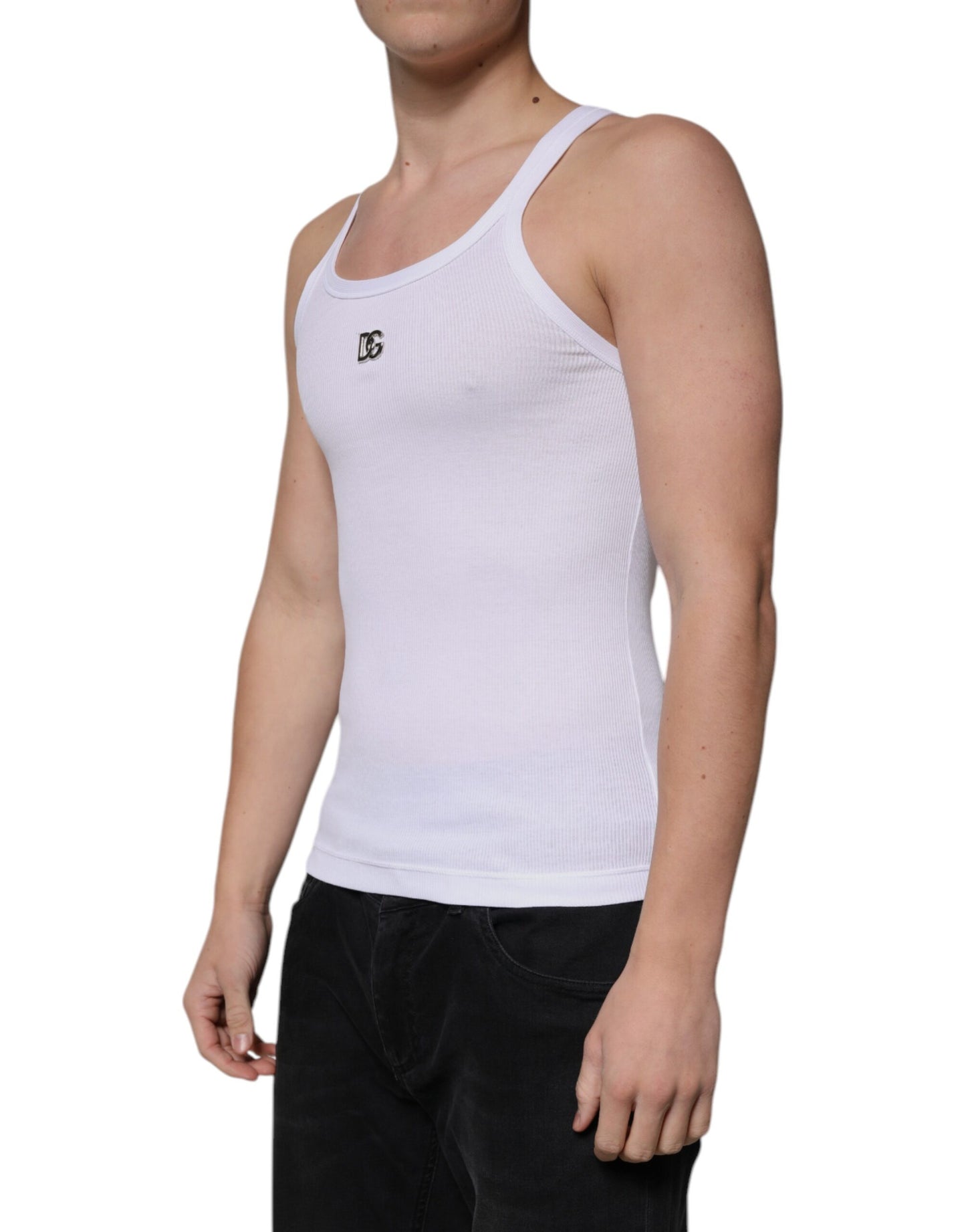 Dolce & Gabbana T-shirt girocollo senza maniche in cotone bianco DG