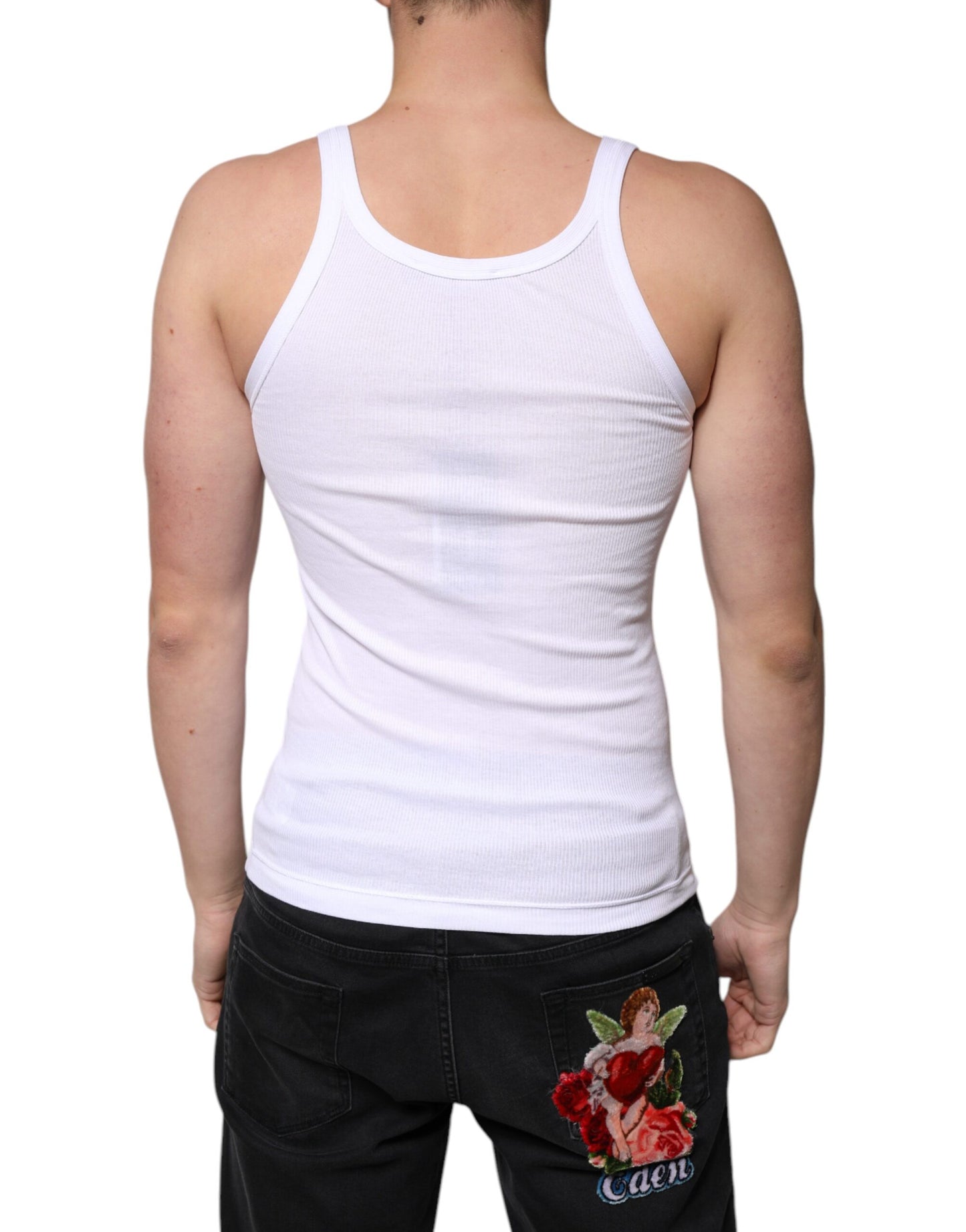 Dolce & Gabbana T-shirt girocollo senza maniche in cotone bianco DG
