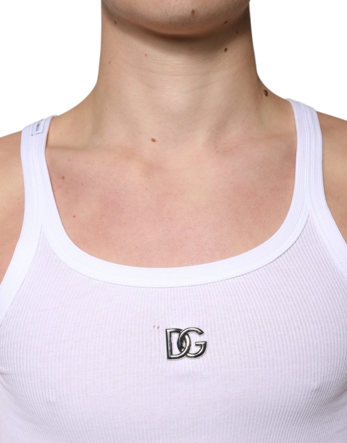 Dolce & Gabbana T-shirt girocollo senza maniche in cotone bianco DG